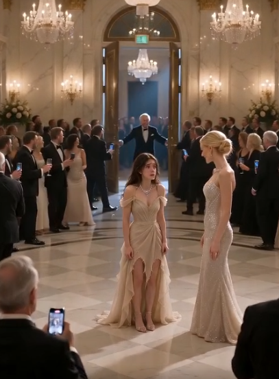 CHAPTER 2 — The Crest No One Else Could Wear  The ballroom remained frozen.  No music.  No whispers.  Just the older man's trembling hand resting against the diamond pendant.  His voice barely escaped his lips.  "...You are Evelyn."  The young woman blinked through her tears.  "My name isn't Evelyn," she whispered. "It's Emma."  The older gentleman stared at her as though the world beneath his feet had vanished.  "No..."  His breathing became uneven.  "That necklace belonged to my daughter."  A ripple swept through the guests.  The blonde socialite folded her arms, forcing a laugh.  "This is ridiculous. She's obviously trying to scam you."  But the older man ignored her completely.  He carefully turned the pendant over.  Hidden beneath the diamonds was an engraved crest—a tiny falcon wrapped around a flowering branch.  No jeweler in the world had ever recreated it.  Because only three necklaces had been commissioned.  One for his late wife.  One for their newborn daughter.  And one locked inside the family vault.  He looked back at Emma.  "Where did you get this?"  Emma slowly shook her head.  "I've worn it since I was a baby."  "My mother told me never to take it off."  The older man's face turned pale.  "Your mother's name."  Emma hesitated.  "Sarah."  His knees nearly gave out.  Sarah.  The nanny who had disappeared twenty-two years earlier...  ...on the same night his infant daughter vanished during a devastating mansion fire.  Everyone had believed both of them died.  Except there had never been bodies.  Only ashes.  Only assumptions.  The guests exchanged stunned glances.  The blonde woman suddenly wasn't smiling anymore.  Then another voice echoed across the ballroom.  "That's impossible."  Everyone turned.  Standing near the staircase...  ...was the family's longtime attorney.  And his face had gone completely white.