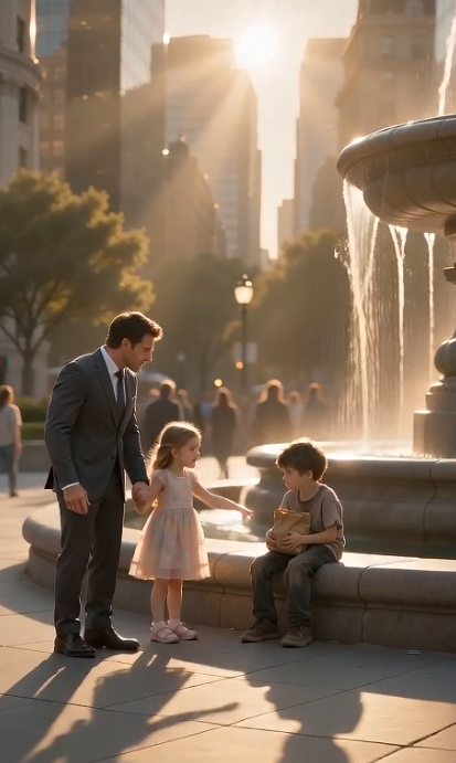 Chapter 2: The Woman Who Vanished  The silence around the fountain stretched so long that even the rushing water seemed to fade.  The father—Daniel Harper—could barely breathe.  His fingers tightened around the photographs until the edges bent.  Lily reached for his hand.  "Daddy... are you okay?"  Daniel swallowed hard before looking at Ethan again.  "Where's your mother?"  The little boy lowered his eyes.  "She died three weeks ago."  The words struck harder than any punch.  Daniel's vision blurred.  "No..."  Ethan nodded.  "She was sick for a long time."  He reached into the paper bag one final time and pulled out a sealed white envelope.  "She told me not to open it."  "It's for you."  Daniel's hands shook as he carefully opened the envelope.  Inside was a handwritten letter.  The handwriting was unmistakable.  Emma.  The woman he had loved more than anyone.  Daniel,  If you're reading this... then I'm gone.  I never wanted our son to grow up without his father.  I tried to find you.  More times than you could imagine.  But every trail ended the same way.  People told me you had moved.  Changed your life.  Started a family.  Eventually I stopped searching.  Not because I stopped loving you...  Because I didn't have enough strength left.  You deserve the truth.  I never left you willingly.  The night I disappeared...  someone made sure I never came back.  Please...  Don't let Ethan believe his father abandoned him.  Love,  Emma  Daniel read the letter twice.  Then three times.  His entire body trembled.  "I never stopped looking for you," he whispered.  Lily quietly leaned against him.  The little girl looked from her father to Ethan.  "So..."  She asked softly.  "He's really my brother?"  Daniel looked into Ethan's hopeful blue eyes.  Tears finally escaped.  "Yes."  He opened his arms.  Ethan hesitated only a second.  Then ran into them.  For the first time in five years...  Father and son embraced.  People around the fountain quietly wiped away tears.  Several had forgotten where they had been going.  No one wanted to interrupt the moment.