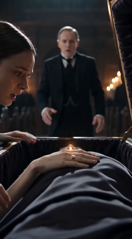Chapter 2: The Ring That Shouldn't Exist  The chapel remained frozen.  No one dared breathe.  The maid's trembling fingers hovered inches above the pale hand inside the coffin. The gold wedding band gleamed beneath the candlelight, unmistakable in its design—a thick band of brushed gold engraved with a tiny family crest.  She had polished that ring every morning for three years.  There was no mistake.  It belonged to Richard Ashcroft.  The lead mourner.  Richard stumbled backward, his polished shoes scraping across the marble floor.  "Impossible..." he muttered, his voice cracking for the first time that day.  The guests exchanged confused glances.  "What does she mean?" someone whispered.  The maid slowly stood, never taking her eyes off Richard.  "I know that ring," she said quietly.  Richard forced a laugh that sounded painfully hollow.  "You're hysterical. Step away from the coffin."  Instead, she reached inside and gently lifted the woman's hand higher for everyone to see.  "There is only one ring like this."  The chapel erupted into murmurs.  Richard's best friend stepped forward.  "Richard... why is your wedding ring on her hand?"  Richard instinctively looked at his own left hand.  Bare.  His face turned ghost white.  He quickly shoved his hand into his pocket.  Too late.  Everyone had seen.  The maid looked from the ring... to Richard... then back to the woman lying inside the coffin.  Something else caught her attention.  A leather restraint was still fastened around the woman's wrist.  Another around her ankle.  Not funeral ribbons.  Restraints.  Someone hadn't prepared a burial.  Someone had imprisoned a living woman.  The maid carefully supported the woman's shoulders.  "Call an ambulance!" she shouted.  No one moved.  Richard suddenly roared.  "Nobody leaves this chapel!"  His voice echoed like thunder.  Security guards at the entrance hesitated.  Then Richard reached inside his jacket.  The room collectively held its breath.  Instead of a weapon...  He pulled out a phone.  "Police," he said calmly.  "I have a violent maid destroying my wife's funeral."  Before he could press the call button—  A weak voice emerged from the coffin.  "...Richard..."  Every head turned.  The woman's eyelids fluttered open.  She looked directly at him.  "I remember..."  Richard dropped the phone.  For the first time in years...  The powerful businessman looked afraid.