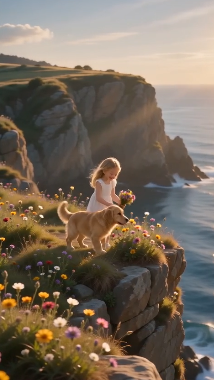 CHAPTER 2 — THE LEAP  The puppy never hesitated.  The instant the little girl disappeared beyond the cliff, its small body launched into the air.  For one terrifying second...  There was nothing beneath them except crashing waves and jagged rocks.  The girl's scream echoed across the sea.  She struck a patch of thick shrubs growing from the cliffside, slowing her fall before sliding onto a narrow rocky ledge only a few feet wide.  Loose stones rained into the ocean below.  The puppy landed beside her, claws scraping desperately against the uneven rock.  It nearly slipped.  But it dug its paws into a crack and steadied itself.  The little girl clung to the edge, trembling violently.  Tears streamed down her dusty cheeks.  "I don't want to fall..."  The puppy crawled toward her on its belly, careful not to push any loose stones over the edge.  It gently grabbed the sleeve of her cardigan with its teeth and pulled backward.  Not hard enough to hurt her.  Just enough to keep her from sliding closer to the drop.  Hundreds of feet above, no one knew where they had gone.  Only the abandoned bouquet remained near the cliff.  Then...  A passing fisherman on a boat below looked up.  He froze.  "There!"  He pointed toward the cliff.  "Someone's trapped!"  Within seconds he grabbed his radio.  Emergency rescue teams were on their way.  But the narrow ledge was beginning to crack.
