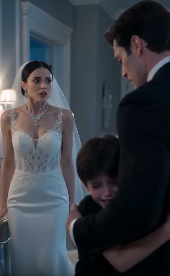 Chapter 2: The Recording  Security arrived within minutes.  Vanessa demanded everyone leave.  "This is ridiculous! Search my room if you want!"  Nathan simply nodded.  "Do it."  Two security officers entered the bridal suite while guests gathered outside the doorway, whispering.  Five minutes later they returned carrying a leather handbag.  Inside was the missing blue folder.  Vanessa stared in disbelief.  "I've never seen that before."  Nathan opened it carefully.  Most documents remained untouched.  One envelope did not.  Its seal had been sliced open.  Before anyone could speak, Oliver tugged his father's sleeve.  "Daddy..."  He held up a small smartwatch.  "I recorded it."  Nathan blinked.  Oliver explained between shaky breaths.  "When she locked me inside, I got scared. My teacher says when I'm scared I should press the red button so someone knows."  The watch had automatically begun recording audio.  Nathan played the file.  Vanessa's voice echoed through the silent room.  "Once we're married, he won't question anything."  A man's voice answered.  "Get the signatures today."  "If the boy causes problems?"  "I already locked him away."  No one moved.  Another voice came through.  "If he talks..."  Vanessa laughed.  "Who believes children?"  The recording ended.  One elderly guest quietly covered her mouth.  Nathan's attorney slowly stepped forward.  "Mr. Carter..."  He looked pale.  "That conversation describes conspiracy to commit financial fraud."  Vanessa suddenly lunged for the watch.  Nathan caught her wrist before she reached it.  "Don't."  For the first time all afternoon, genuine fear appeared on her face.  Not embarrassment.  Not anger.  Fear.  Because the evidence no longer depended on a frightened child.  Her own voice had become the witness.
