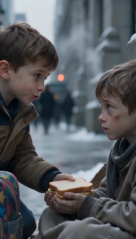 Chapter 2: The Woman Who Never Stopped Looking  The homeless boy's question hung in the frozen air.  No one moved.  No one spoke.  Even the city seemed to hold its breath.  The woman stared at the faded hospital bracelet as though it had reached through time and wrapped itself around her heart.  Her knees buckled.  "I... I searched for you."  The words barely escaped her lips.  The boy's eyes didn't soften.  "You searched?" he asked quietly.  "Then why did I grow up sleeping under bridges?"  Ethan looked back and forth between them, his small hands trembling.  "Mom..."  "Who is he?"  She closed her eyes.  Six years earlier, she had given birth to twin boys.  Hours later, a doctor entered her hospital room with tears in his eyes.  One baby had survived.  The other, he said, had died from complications.  She had begged to see him one last time.  The hospital refused.  They told her the body had already been transferred.  She believed them.  For six years...  She carried the guilt of losing a son she never had the chance to hold.  Now that son was standing right in front of her.  Alive.  Hungry.  Alone.  Before she could speak again, a black luxury SUV screeched to a stop across the street.  Four men in expensive suits jumped out.  The homeless boy's face instantly turned pale.  He whispered only two words.  "They found me."  Without another second, he turned and ran.