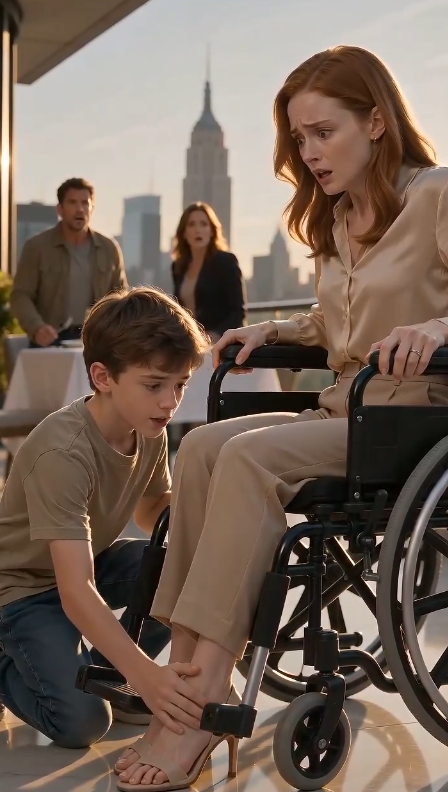 Chapter 2: The Woman Who Walked Away  The entire terrace stood frozen.  No one reached for their food.  No one touched their phones.  Every eye remained fixed on the elegant blonde woman who was somehow standing—halfway out of the wheelchair doctors had told her she would never leave again.  "Lena... is that our son?"  The voice echoed from the street below.  The boy turned first.  So did every guest.  A man pushed through the small crowd gathering outside the restaurant. His dark jacket was dusty, his face roughened by years of hard work, but the moment his eyes landed on the child, time seemed to stop.  His lips trembled.  "No..."  His voice barely existed.  "No... it can't be."  The boy frowned.  "You know me?"  The man climbed the terrace steps two at a time.  When he stood only a few feet away, tears filled his eyes.  "I know your mother's eyes."  Silence.  The boy instinctively stepped backward.  Lena suddenly found her voice.  "David..."  The name left her lips like a confession.  The man looked at her—not with anger, but with heartbreak that had survived nearly a decade.  "You told me our baby died."  The guests gasped.  Lena closed her eyes.  "I lied."  The words shattered whatever dignity she had left.  "I was terrified."  David stared at her.  "You disappeared the same night."  "I believed you chose your career over us," she whispered.  "And I believed you buried our son."  Both of them had spent eight years mourning a child who had never been dead.  Only one person knew the truth.  The boy reached into his oversized shirt pocket.  "I have something Mama wanted you both to read."  He unfolded a worn letter.  "My mom isn't my real mom."  The terrace fell silent again.  "She found me."