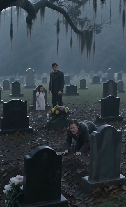 CHAPTER 2 — THE ORPHANAGE THAT SHOULD HAVE BEEN EMPTY  For a long moment, nobody spoke.  Rain hammered against the cemetery, drowning out every other sound except the mother's uneven breathing.  The little girl's tiny hand remained stretched toward the rusted iron gate beyond the graves.  "At the orphanage," she repeated quietly, as if she were describing somewhere ordinary.  The father slowly released her wrist.  His fingers were shaking.  His eyes stayed fixed on the faded blue friendship bracelet tied around the girl's arm.  He knew that bracelet.  He had buried another one exactly like it.  His twin sons, Noah and Liam, had begged for matching bracelets every summer. They refused to take them off, even while sleeping.  When the boys supposedly died in the boating accident two years earlier, only one bracelet had ever been recovered.  The police said the river had carried everything else away.  Back then, grief had been stronger than doubt.  Now doubt swallowed grief whole.  The mother stared at the bracelet before whispering,  "Where did you get this?"  The little girl looked confused.  "They gave it to me."  "Who?"  "My brothers."  The mother's knees buckled.  "They visit after bedtime."  The cemetery became impossibly silent.  The father felt something cold settle deep inside his chest.  This child had never met his sons.  She couldn't possibly know about the bracelets.  Unless...  Without another word, he pulled out his phone.  "I want every record from Saint Gabriel's Orphanage."  His private investigator answered immediately.  "Tonight."  Three hours later...  The orphanage stood alone outside town, surrounded by dying pine trees.  Its paint peeled from the walls.  Most of the windows were dark.  Only one office remained lit.  An elderly nun opened the front door before they even knocked.  She looked at the father.  Then at the bracelet.  Her face drained of color.  "I knew this day would come."  The father stepped forward.  "My sons died two years ago."  The nun slowly shook her head.  "No."  "They disappeared."
