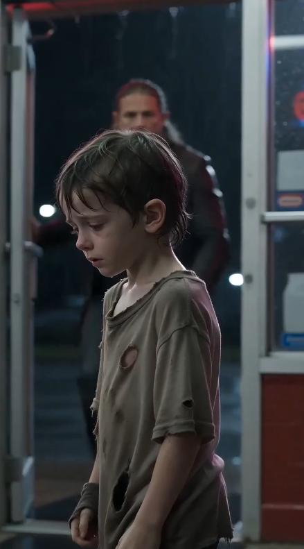 Chapter 2 — The Name She Never Let Him Forget  The little boy swallowed hard.  His small fingers tightened around the edge of his soaked shirt.  For a long moment, he only stared at the giant man kneeling in front of him.  The gas station had become impossibly quiet.  Even the coffee machine seemed to stop humming.  Finally, the child whispered one word.  "Jax."  The biker leader shut his eyes.  His chest rose sharply before he slowly opened them again.  "She... she really said my name?"  The boy nodded.  "Mama said... if I was ever alone... and if I ever found a man named Jax wearing a leather vest with an eagle on the back..."  His voice cracked.  "...to show him the locket."  Every biker inside exchanged uneasy glances.  Nobody had heard anyone say Jax's real name in years.  To most people he was simply "Boss."  Only a handful of old brothers remembered the young mechanic he had once been.  Before prison.  Before violence.  Before grief hardened him into someone the world feared.  Jax slowly looked back at the faded photograph.  He remembered the afternoon it had been taken.  Emily laughing beside an old motorcycle.  Her hair blowing across her face.  Her hand resting against his chest.  She had been carrying a secret then.  A secret neither of them knew yet.  His voice became barely audible.  "Where is your mother?"  The boy lowered his head.  "She died... three weeks ago."  No one moved.  Rain pounded harder against the windows.  Jax's fingers clenched around the silver locket until his knuckles turned white.  "She was sick."  The boy continued quietly.  "We didn't have enough money."  "I tried to help."  "I sold flowers."  "I washed car windows."  "I couldn't save her."  Tears rolled silently down his cheeks.  "Mama said... I shouldn't hate you."  Jax looked like someone had punched the air from his lungs.  "What did she tell you about me?"  The boy reached into his pocket.  Inside was an old folded letter.  "It's for you."  Jax accepted it with trembling hands.  The paper was yellow with age.  Across the front, written in familiar handwriting, were only four words.  For Jax... if he lives.