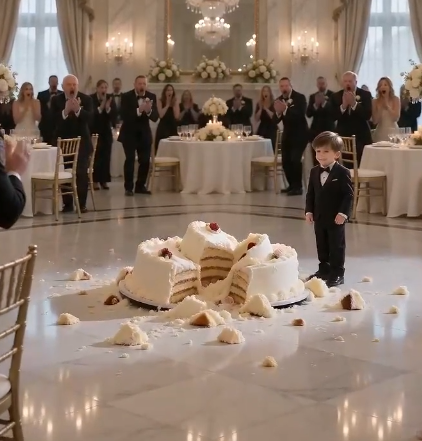 Chapter 2 — A Lesson Money Couldn't Buy  The wedding planner approached carefully, holding a tablet.  "The custom cake cost twenty-eight thousand dollars."  A murmur swept through the room.  The mother's face went pale.  "Twenty-eight thousand?"  "It was handcrafted over four days," the planner replied calmly.  "Imported sugar flowers. Hand-painted details. Structural engineering to support five tiers."  One officer nodded.  "You may be held financially responsible for the damage."  The woman immediately pointed at her son.  "He's only seven!"  The officer answered without raising his voice.  "And you're his legal guardian."  Silence.  The bride slowly walked toward the little boy.  Everyone expected anger.  Instead, she knelt until they were eye level.  "Were you trying to hurt me?"  The boy's eyes filled with tears.  He shook his head.  "Mom said rich people don't care."  "She said you'd just buy another one."  The entire ballroom froze.  The mother's breathing became uneven.  Guests lowered their phones.  Not because the drama had ended.  Because it had become heartbreaking.  The bride gave the child a napkin and gently wiped frosting from his sleeve.  "Things can be replaced."  "But choices stay with us."  The boy began crying quietly.  "I'm sorry."  "I broke your wedding."  The bride smiled sadly.  "No."  "You broke a cake."  "Your mother nearly broke your understanding of right and wrong."  The officer quietly informed the woman she would receive a formal report for the property damage.  She lowered her head for the first time that evening.  Not out of humility.  Out of shame.