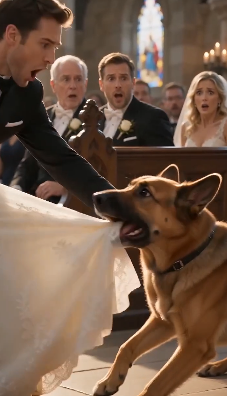 Chapter 2 — The Ceiling Came Down  For one long second, nobody moved.  The dog's teeth stayed locked onto the bride's dress, its deep growls echoing through the silent church. Guests stared in disbelief. The groom reached for the leash again.  "Enough!" he snapped.  Before anyone could pull the dog away—  CRACK.  A sharp sound exploded above the altar.  Every head tilted upward.  The massive crystal chandelier hanging directly over where the bride had been standing swayed violently.  Another crack.  Then—  The steel support hidden inside the old wooden ceiling finally gave way.  The chandelier crashed downward with a deafening roar.  Glass burst across the marble floor like frozen rain. Heavy iron twisted through the aisle. Candles shattered. Flowers flew into the air.  The spot where the bride had been standing only seconds earlier disappeared beneath tons of crystal and metal.  Screams filled the church.  The bride collapsed backward, protected only because the dog had dragged her away at the last possible moment.  She stared at the wreckage, unable to breathe.  "If he hadn't pulled you..."  The priest couldn't finish the sentence.  Tears rolled down the bride's face as she wrapped both arms around her dog.  "You saved me."  Guests applauded through trembling hands.  But while everyone focused on the miracle...  One man wasn't looking at the fallen chandelier.  The groom was staring at the broken ceiling.  His face had turned completely white.  Because he knew something no one else did.  And someone else in the church had noticed.