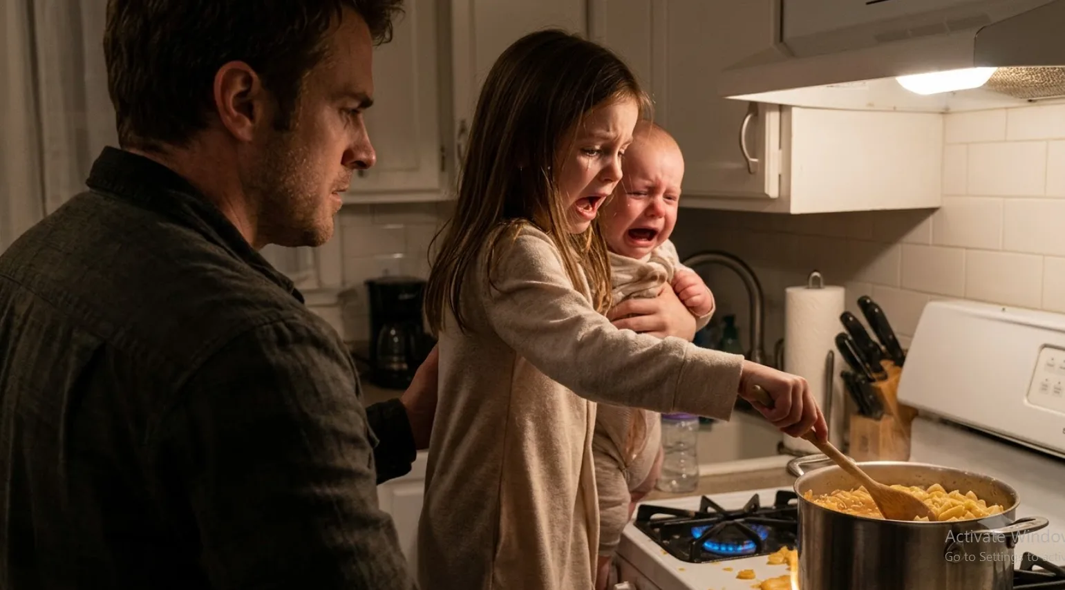 🔥 “HE CAME HOME AFTER 14 HOURS OF WORK… AND FOUND HIS 7-YEAR-OLD DAUGHTER COOKING SOUP WHILE HOLDING THE BABY. THEN SHE SAID, ‘DAD… I CALLED YOU.’”