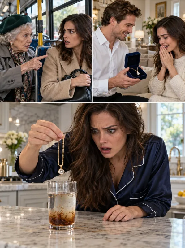 My Husband Gave Me a Gold Necklace and Insisted I Wear It Immediately. But an Elderly Stranger Warned Me to Soak It in Water Overnight. By Morning, Something Hidden Inside the Pendant Had Come Loose, and I Realized My Own Husband Might Be Trying to Kill Me...