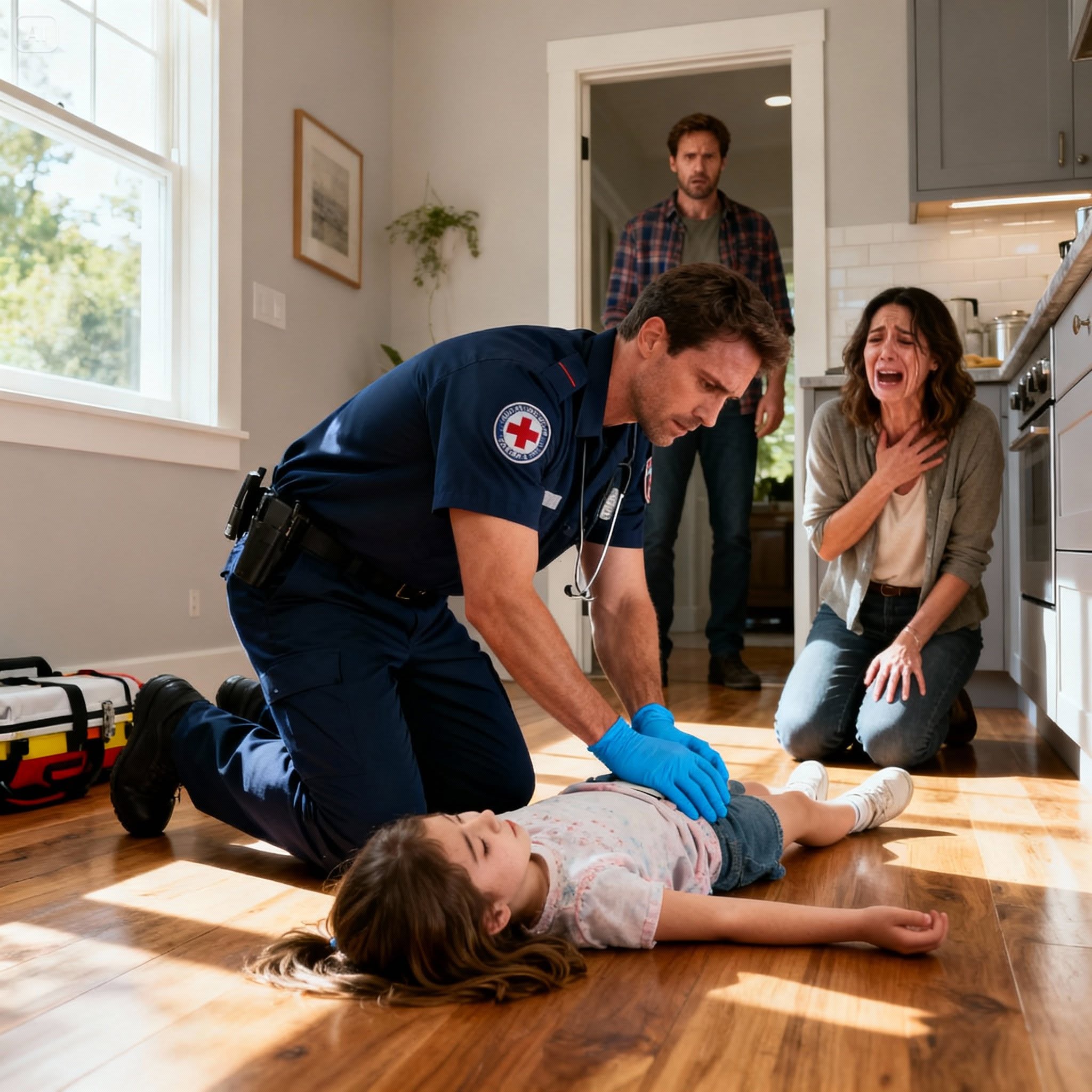 “I came home to find my daughter unconscious on the floor—what the paramedic said about my husband changed everything.”