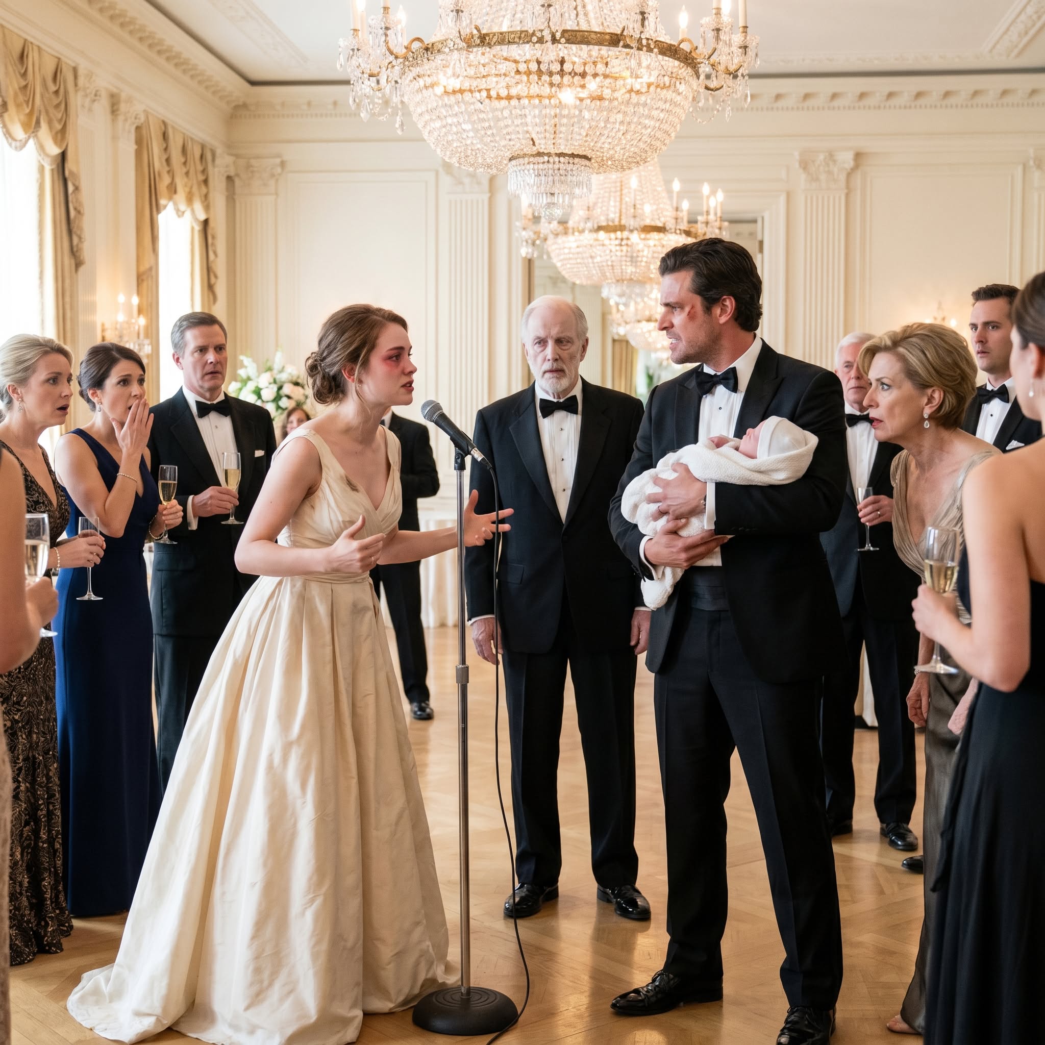“My husband held our newborn son in his arms at a lavish party and refused to give him back to me… but the moment I stepped up to the microphone, his whole family had no way back.”