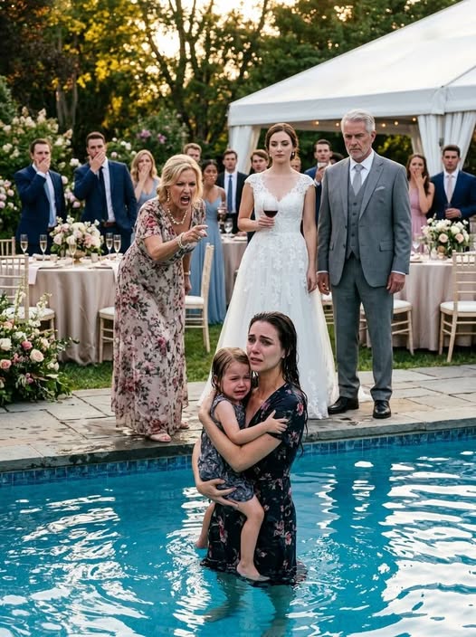 "The bride froze on her wedding day when the woman emerged from the pool with a child, and her words silenced the entire party..."