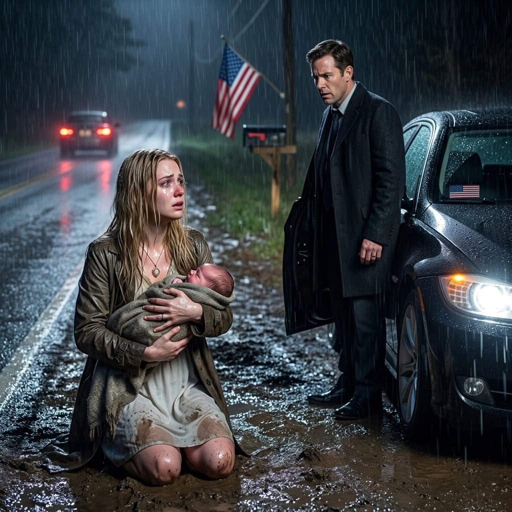 “Get out and take that child with you!” My husband shoved me into the freezing rain with our three-week-old baby trembling against my soaked chest. His taillights disappeared while my son cried, my hands went numb, and my heart broke in the mud. Then a black BMW stopped—and the stranger knew my dead mother’s necklace.