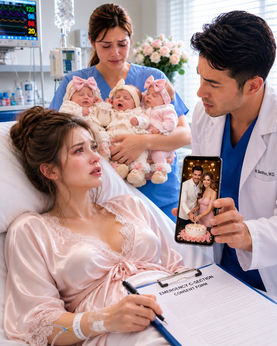 While I was signing the emergency C-section papers alone to save our unborn triplets, my husband turned off his phone to cut a cake with his first love. Four days later, he finally returned to the hospital expecting to see his wife and babies, but one quiet sentence from a nurse made him freeze and realize everything had changed...