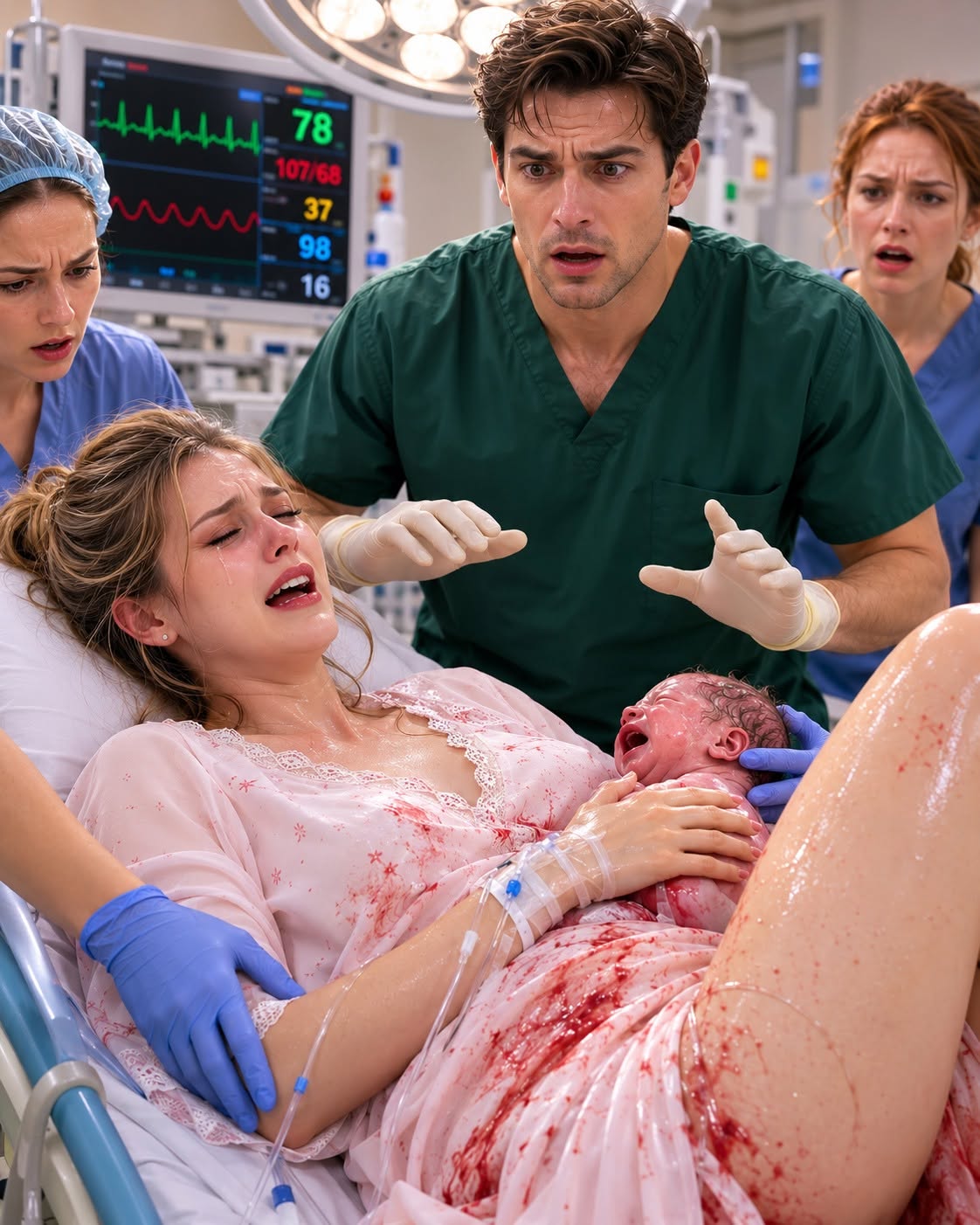 2I was in labor carrying a 10-pound baby, but my heartless doctor husband denied a C-section and forced me to deliver naturally, believing I had harmed his female intern. When it was over, he entered the delivery room, panicked, and collapsed...