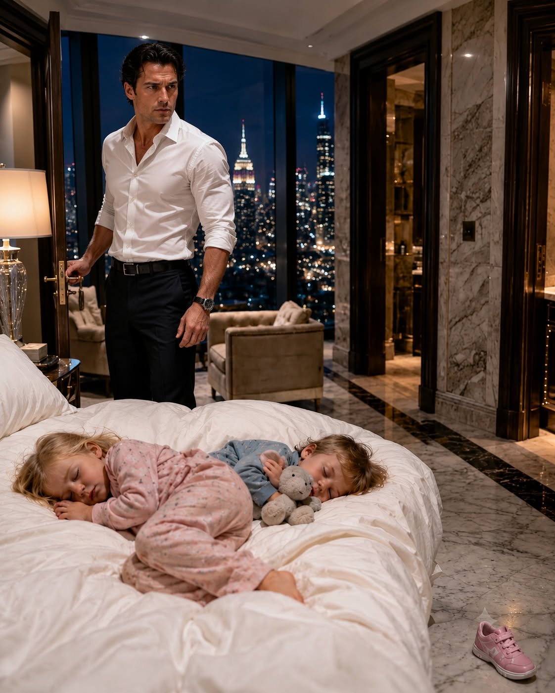 I returned to my hotel suite after midnight expecting to grab a forgotten report. Instead, I found two tiny twins asleep in my bed—and their terrified mother standing in the doorway, begging me not to call security.