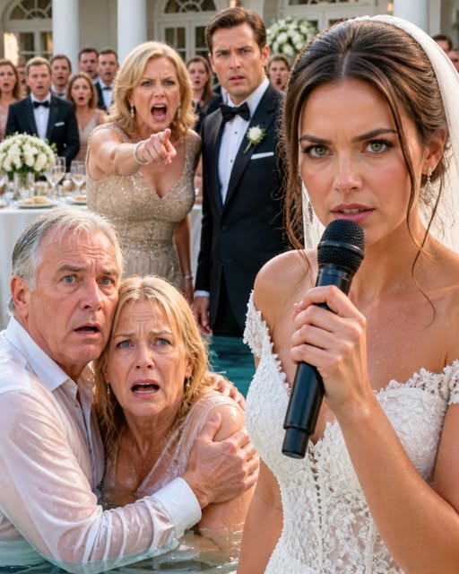 At My Wedding, My Future Mother-in-Law Looked at My Parents with Open Contempt and Sneered, “I’ve Never Seen Such a Pitiful Family.” Then She Shoved Them Into the Pool and Laughed, “Maybe That Will Wash Away the Smell of Poverty.” My Fiancé Stood There Without Saying a Word. I Walked to the Microphone, Canceled the Wedding, and Calmly Announced, “By Tomorrow Morning, Your Family’s Empire Will Be Finished.” Then I Made One Phone Call.