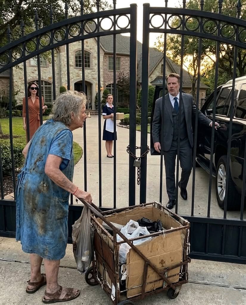 The old woman who collected cardboard only asked for a glass of water outside the mansion… no one imagined the owner would begin to shake the moment he heard her voice.