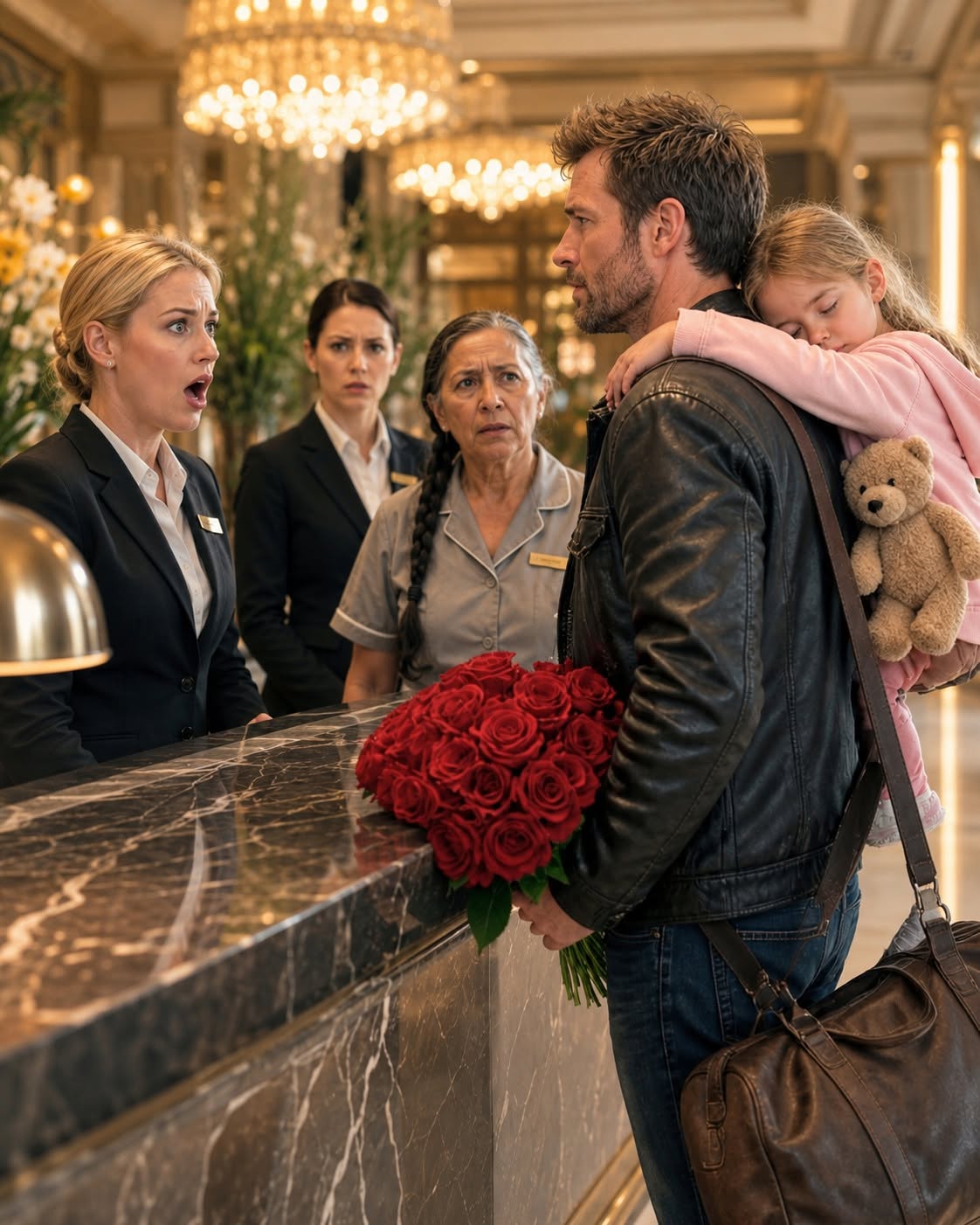 The front desk laughed at my old jacket, my sleeping daughter, and the wilted roses in my hand. "Try a cheaper motel," they said. Five minutes later, after learning whose hotel they were standing in, no one in the lobby said another word.