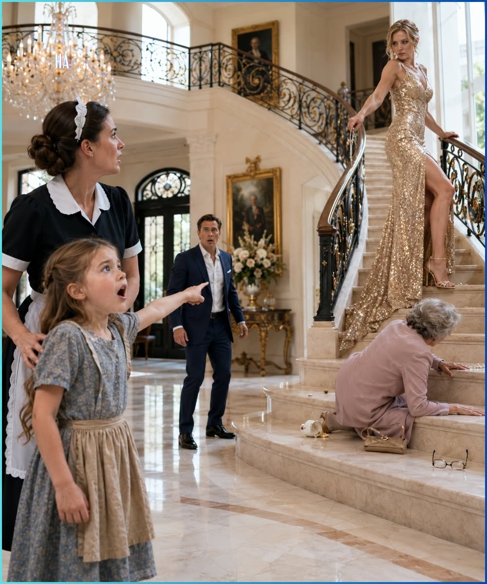 The little maid’s daughter saw what the billionaire’s fiancée did at the top of the stairs