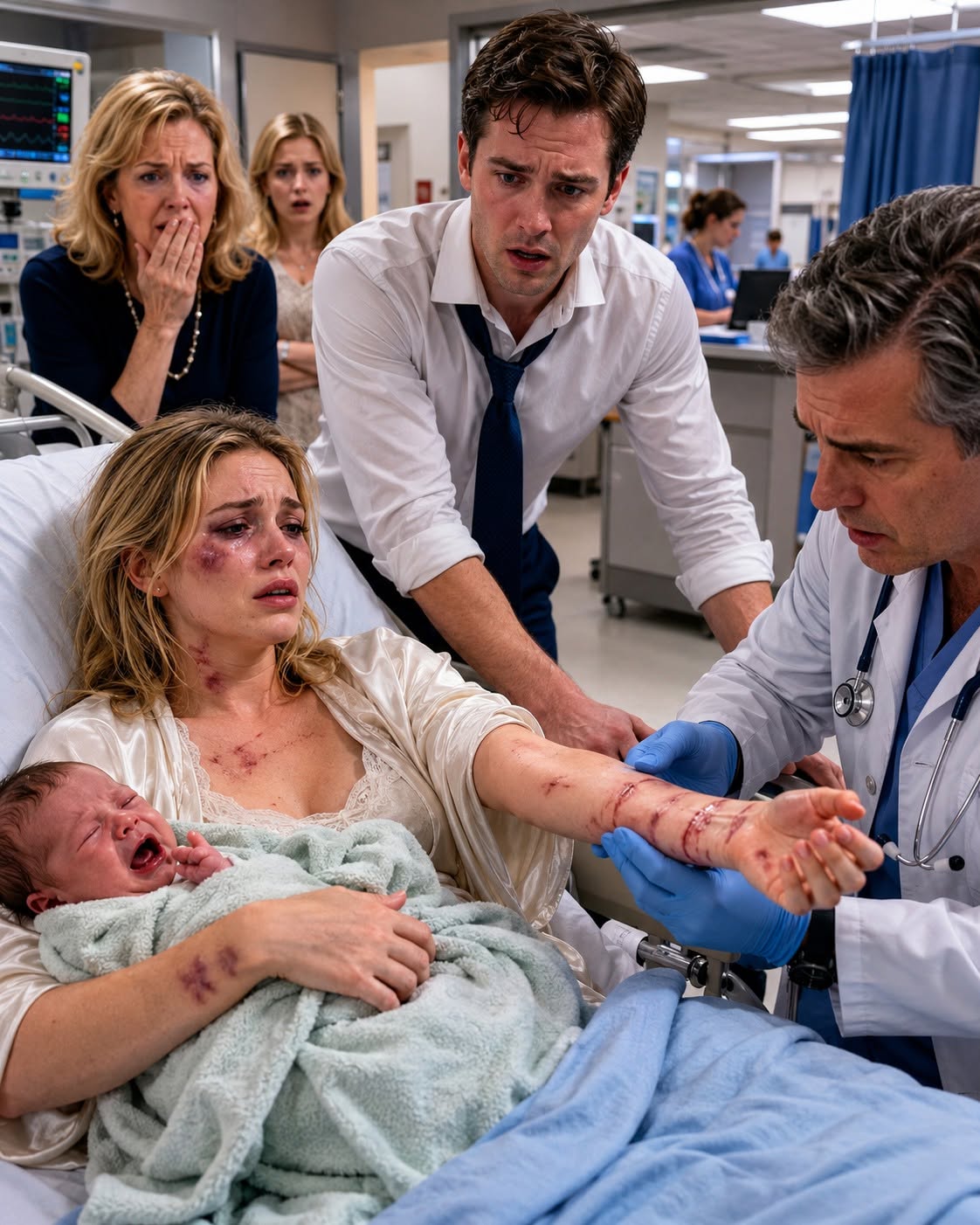 I trusted my mother to care for my wife after she gave birth. When I came home early, I found my wife collapsed beside our six-day-old son. The doctor took one look at the bruises on her wrists, turned to hospital security, and said, "Call the police. Right now."