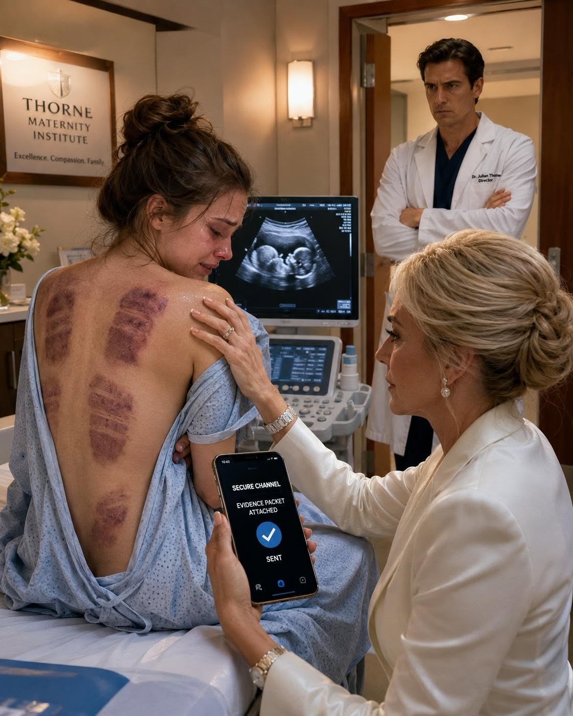 At an elite maternity clinic, I was helping my daughter get changed for the last ultrasound before her due date. The instant her blouse slipped down from her shoulders, everything inside me stopped. Dark bruises, shaped like the prints of boots, covered her back and ribs. Trembling, she tried to pull the fabric over them and whispered, “Mom… please. He runs this hospital. He promised that if I ever leave him, I won’t survive the C-section.” I didn’t break down. I simply helped her into the gown, smiled softly, and said, “Let’s go meet your baby first.” While the ultrasound was being done, I silently began dismantling the empire her husband believed could never be touched.