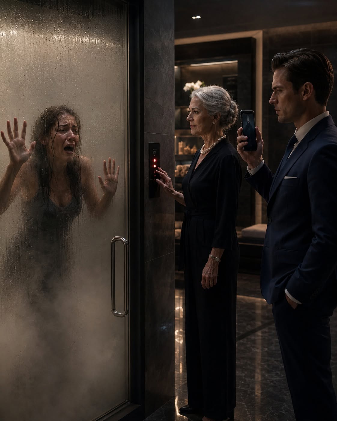The steam room door clicked shut behind Mara Bennett before she realized there was no handle on the inside.