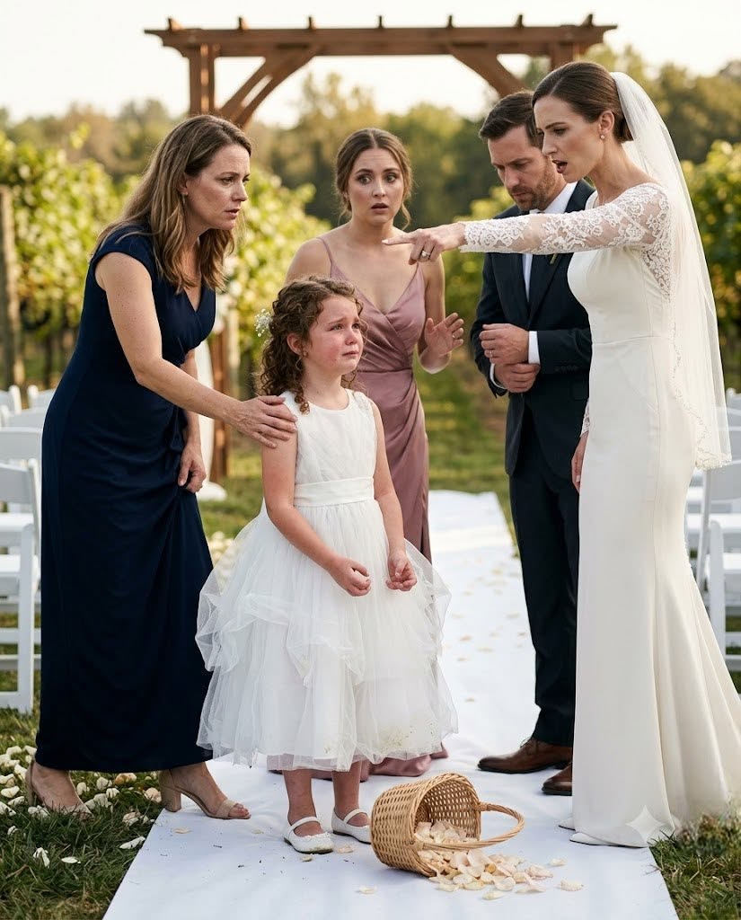 At her own wedding, my sister stopped my flower-girl daughter and said, "Get your daughter out of here. She's ruining my photos." I carried my sobbing child out and said nothing. The next morning I handed the groom one manila envelope with screenshots and a hotel receipt proving his affair would survive the honeymoon. His face went pale when my sister opened it.