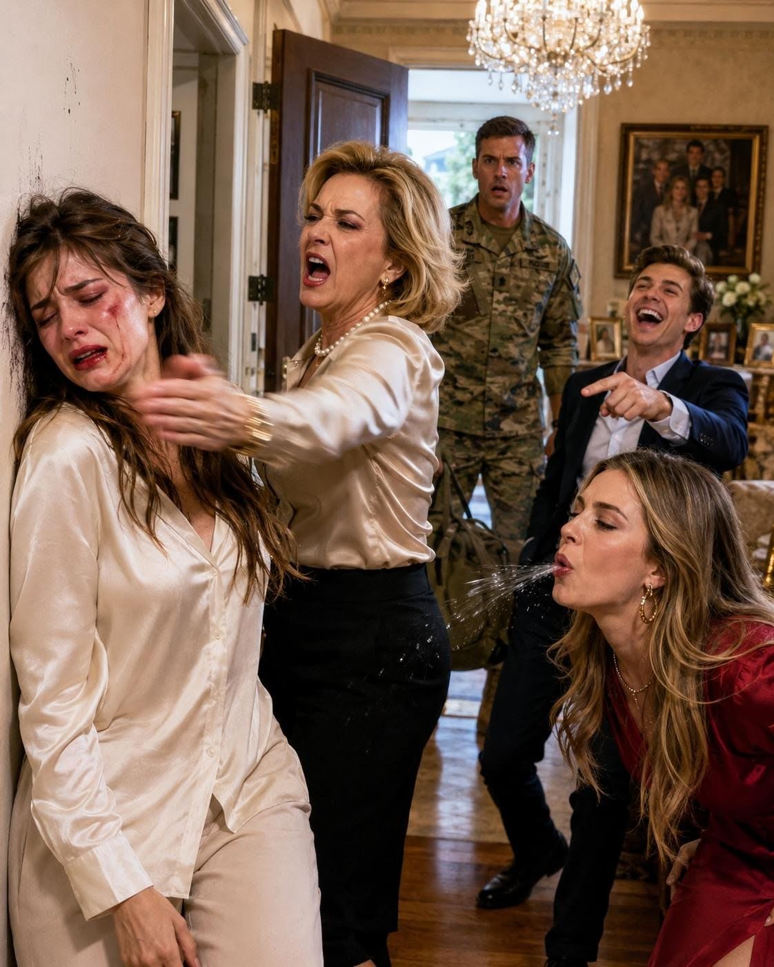 My mother slapped me so hard I slammed into the wall. My sister-in-law spat at me, and my brother-in-law laughed and called me a gold digger, thinking my husband was away on duty. But when the door opened and he walked into the room, his next words left them speechless with horror.