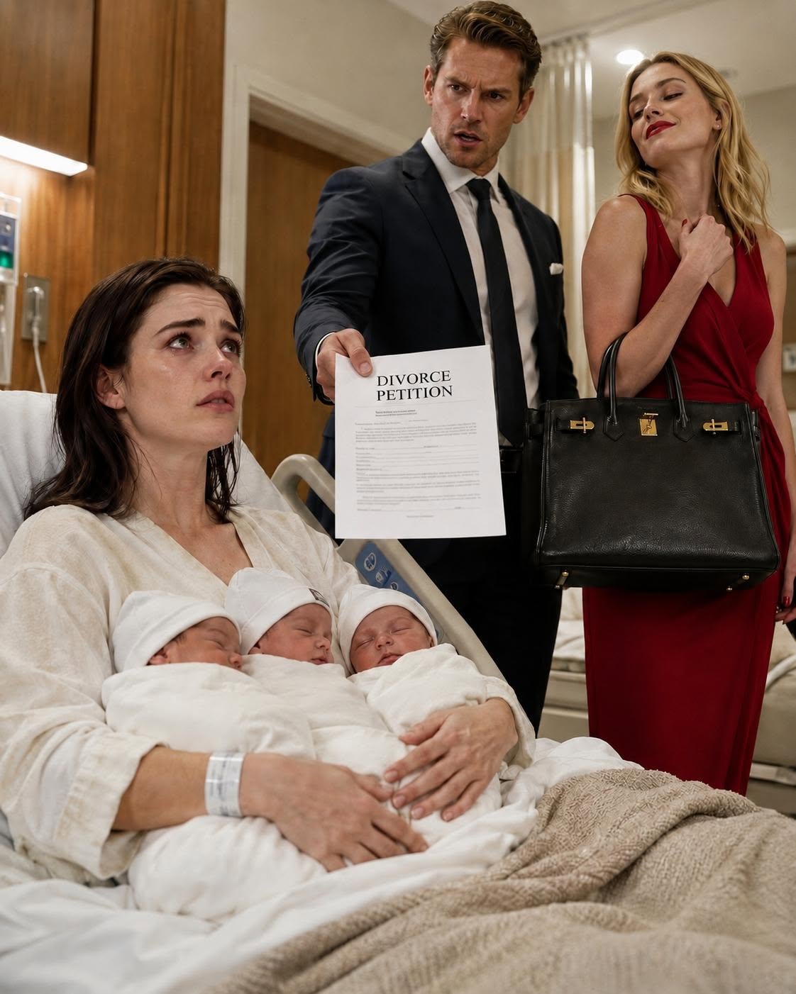 After I gave birth to our triplets, my husband walked into my hospital room with his mistress — who was proudly carrying a Birkin bag. He tossed the divorce papers onto my bed and said with a sneer, “Look at you. No one would want you now.”