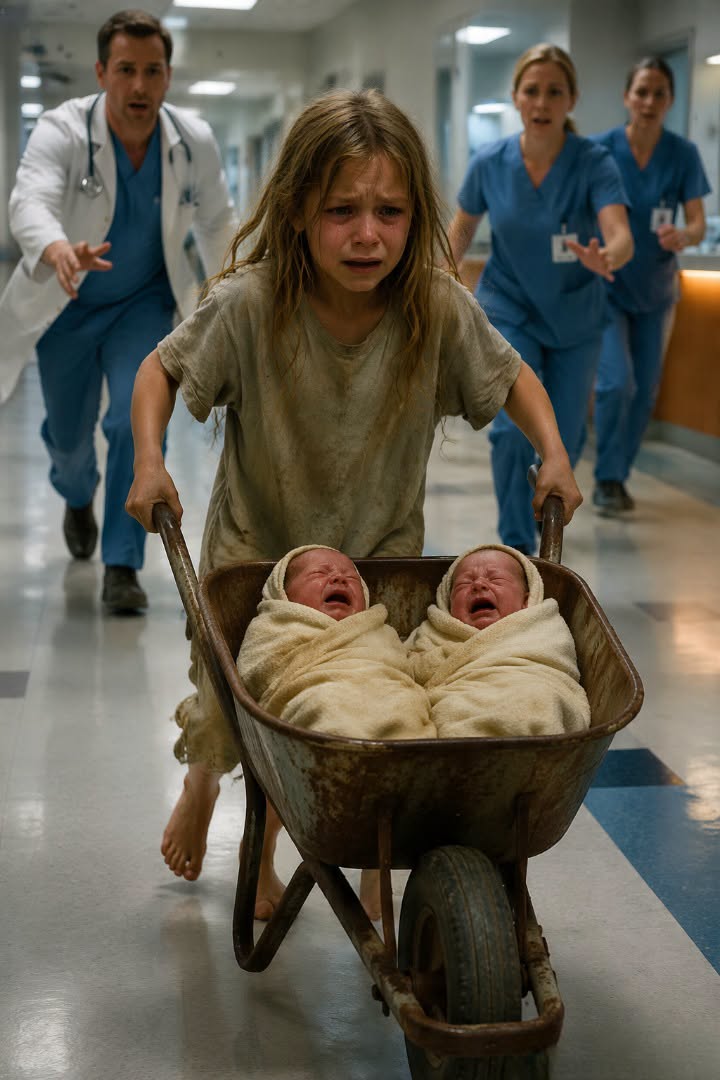 “My mommy has been asleep for three days.” A barefoot 7-year-old girl pushed a rusty wheelbarrow for miles with her newborn twin brothers inside—and what doctors discovered afterward stunned the entire hospital.