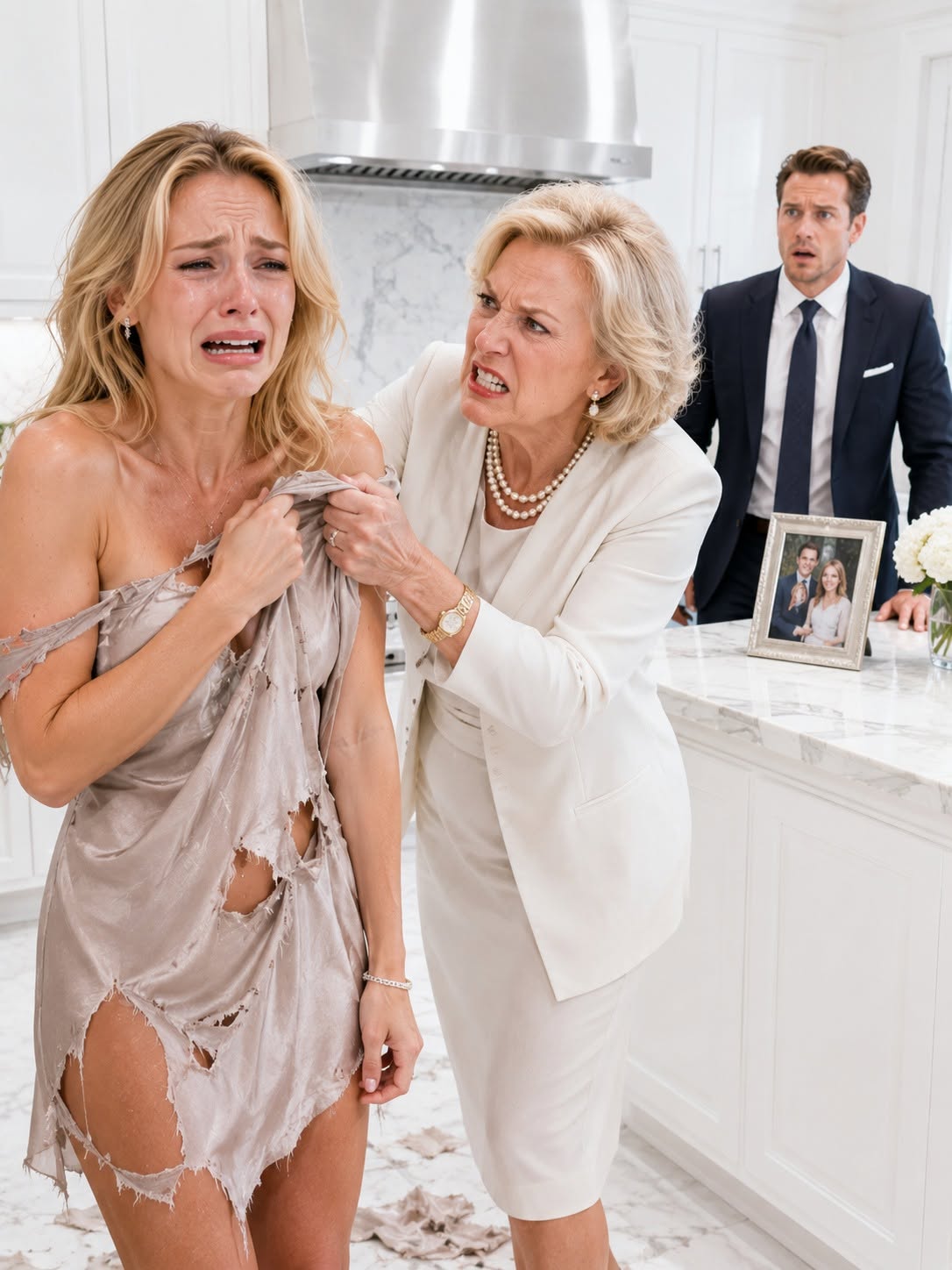 My mother-in-law tore my wedding dress apart in my own kitchen while my husband stood silently beside her. She thought she was proving I owned nothing… but the next morning, she discovered the house she tried to control never belonged to her son at all.