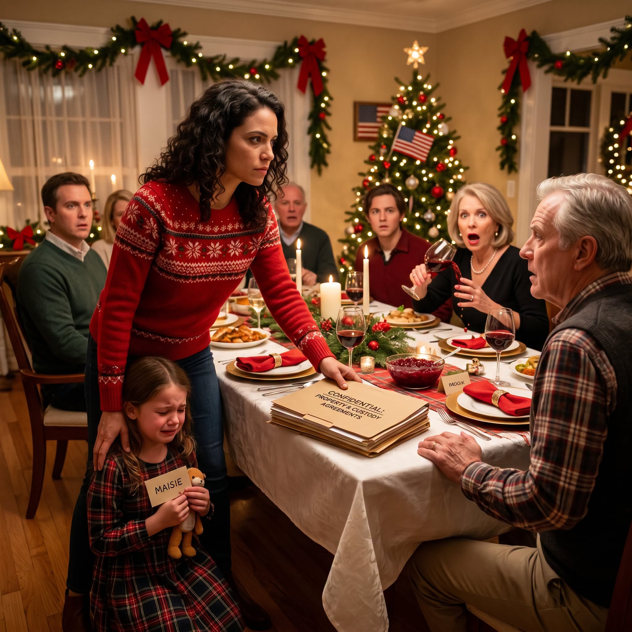 "My father pushed my 9-year-old daughter right in the middle of the Christmas dinner table and yelled, 'That's for my real granddaughter!' The whole family fell silent, watching her lie on the floor. I didn't cry. I just said four words... and my father turned pale, and my mother dropped her glass of wine."