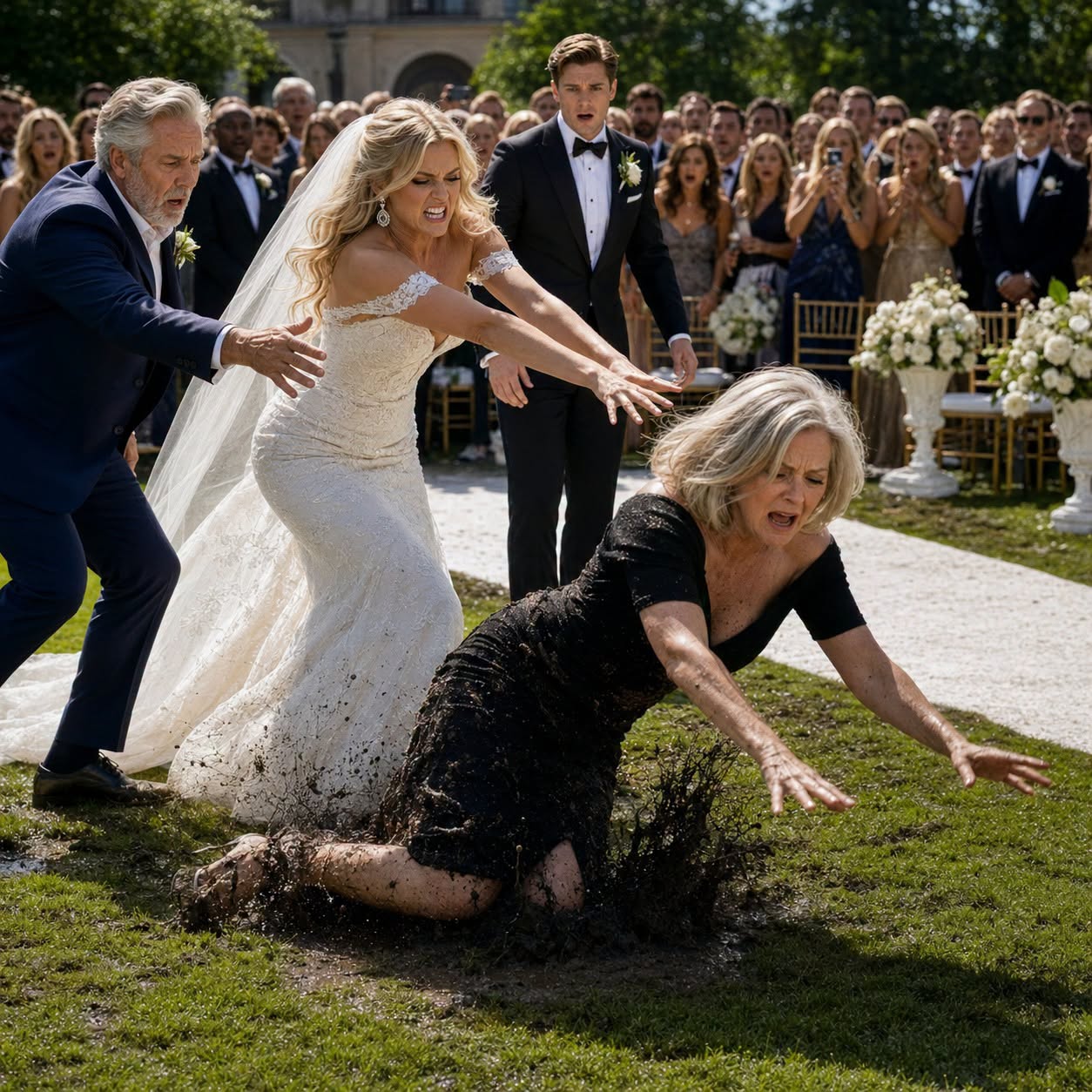 At my son's wedding, his bride pushed my wife into the mud while hundreds of guests watched and laughed. My son handed me a $150,000 check and called our relationship "paid in full." I ripped the check in half, walked out without looking back, and within days, their perfect new life was falling apart.