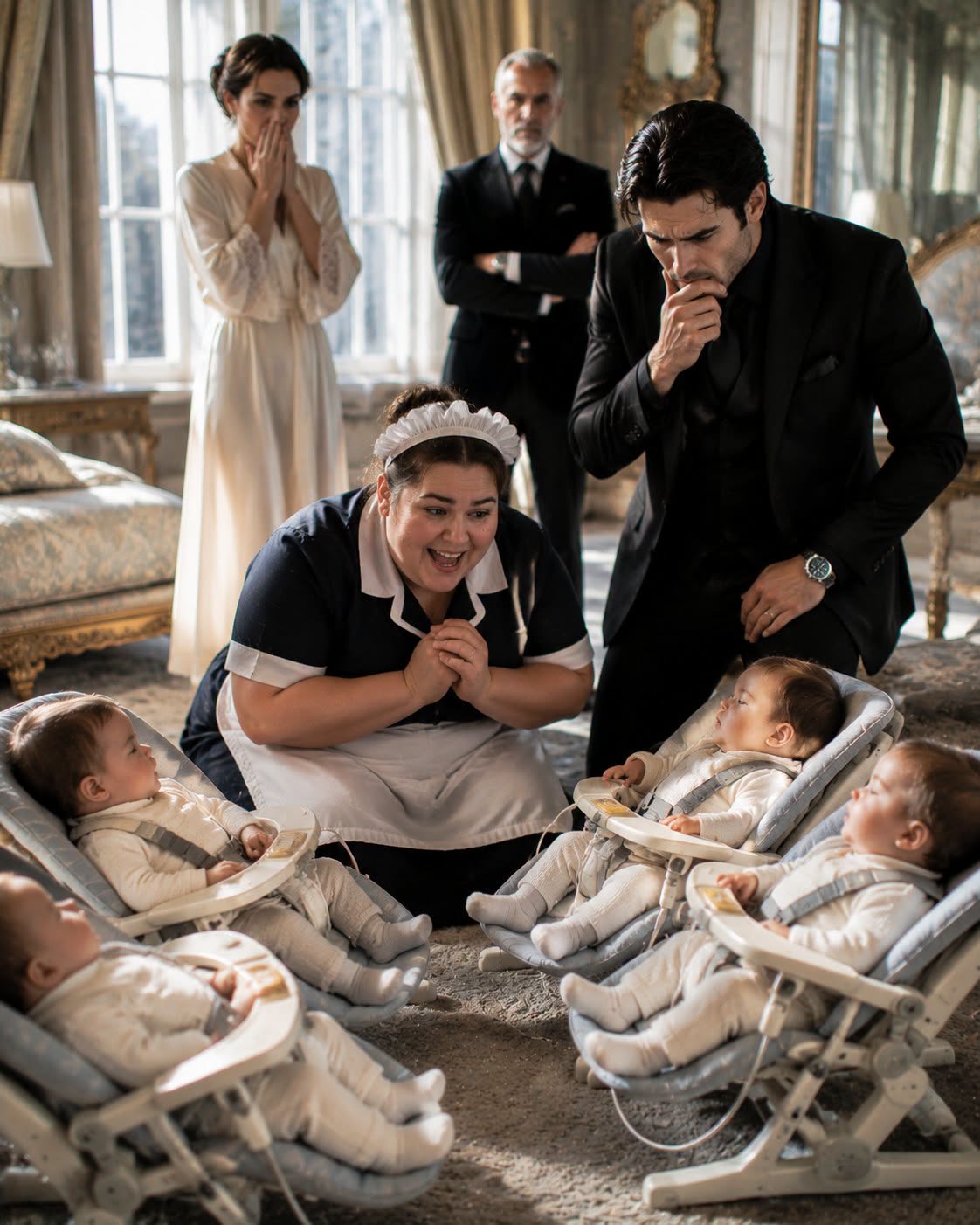 "The Mafia Boss’s Quadruplets Had Been Declared Blind, Deaf, and Permanently Paralyzed, and every specialist had given up hope — then an overweight maid leaned close, whispered six simple words, and all four children reacted at once, exposing a terrifying secret the family’s doctors had fought desperately to bury.