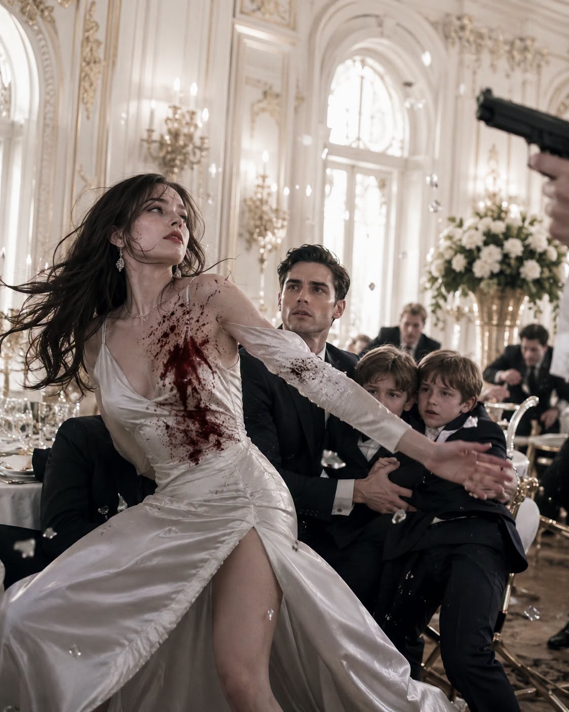 "Gunfire exploded through the hall, and in seconds everyone was running for their lives—tables overturned, glasses shattered, screams swallowed by panic. In the middle of the chaos stood a woman no one expected to move toward danger, the one person who should have fled first. — THEN, without hesitation, she stepped into the line of fire and took the bullet meant for the mafia boss’s twin children, revealing a truth that froze the entire underworld: she was not a bystander, but someone they had been searching for years.