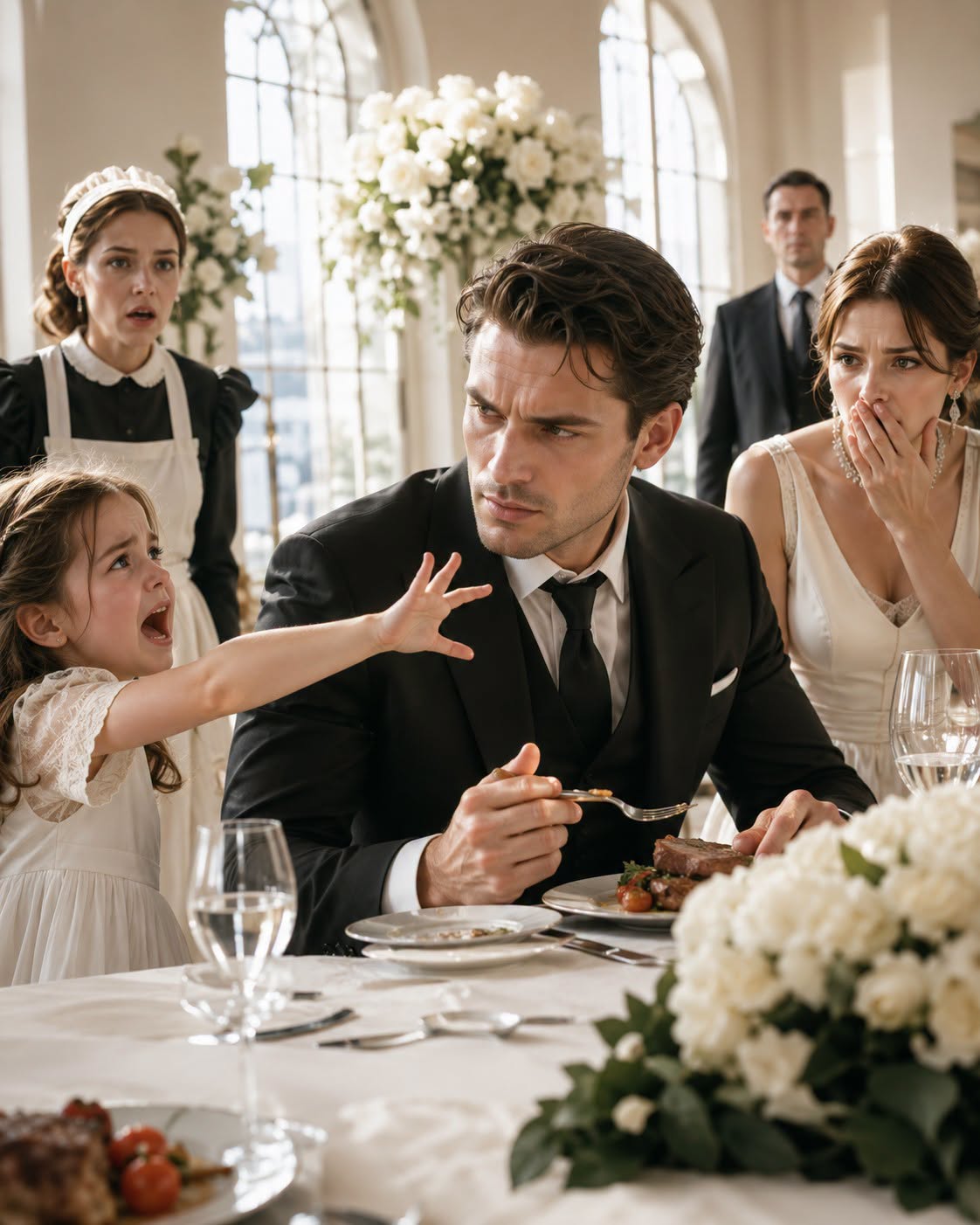 "“Don’t eat that,” a little girl screamed—just as the Mafia boss lifted the first bite to his lips inside a candlelit dining room that smelled oddly sweet, almost metallic. The entire table froze. The child stood shaking, pointing at the dish his fiancée had prepared with a calm smile that didn’t reach her eyes. No one understood how a child knew what even his security team missed… until she whispered the name of the man who had already sold his life for money. And the worst part—he was still in the room.