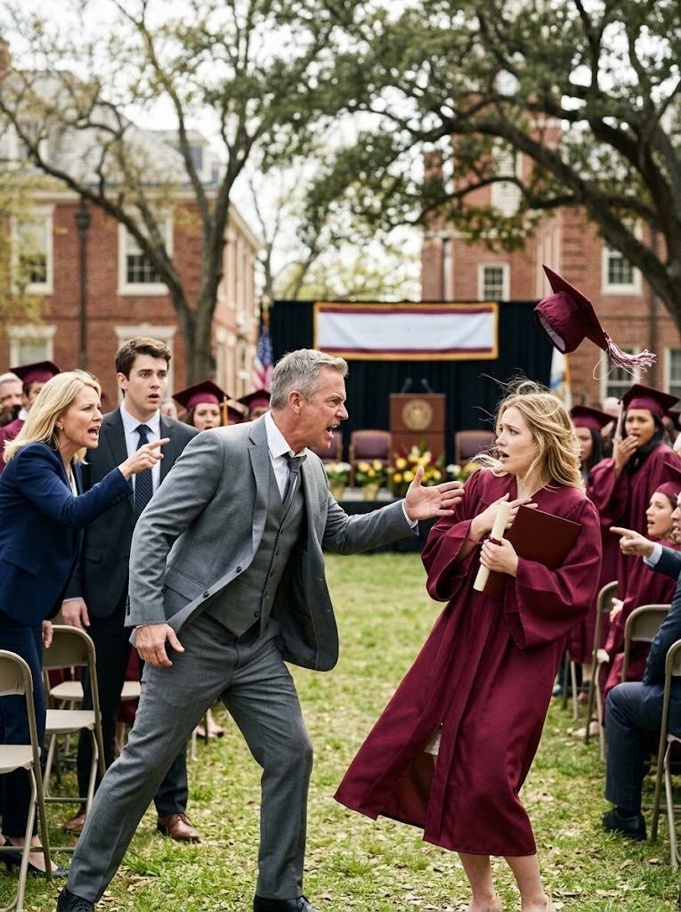 My Father Slapped Me Across the Face at Graduation and Called Me “A Loser in a Toga”… He Thought Humiliating Me in Front of 3,000 People Would Be the End of My Story—Until I Took the Microphone, Opened One Sealed Folder, and Federal Agents Walked Through the University Gates Calling My Family’s Names.