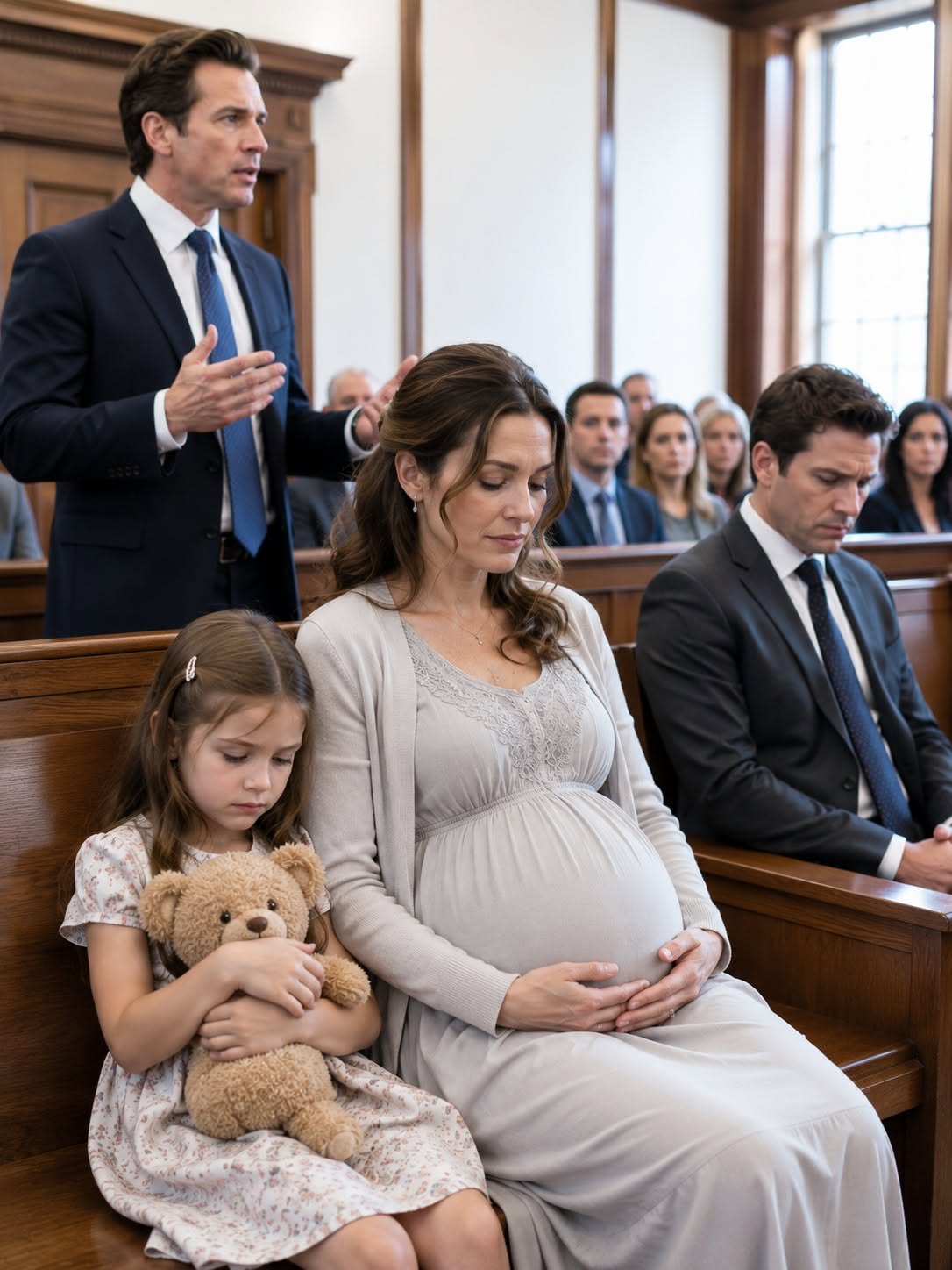 “The pregnant woman walked into the courtroom carrying nothing but her unborn child and a folder of divorce papers, ready to give her husband everything he wanted—her house, her money, even her future. His mistress sat beside him smiling like she had already won. But when the judge called a little girl to the witness stand and she whispered three words that exposed their darkest secret, the entire courtroom froze.”
