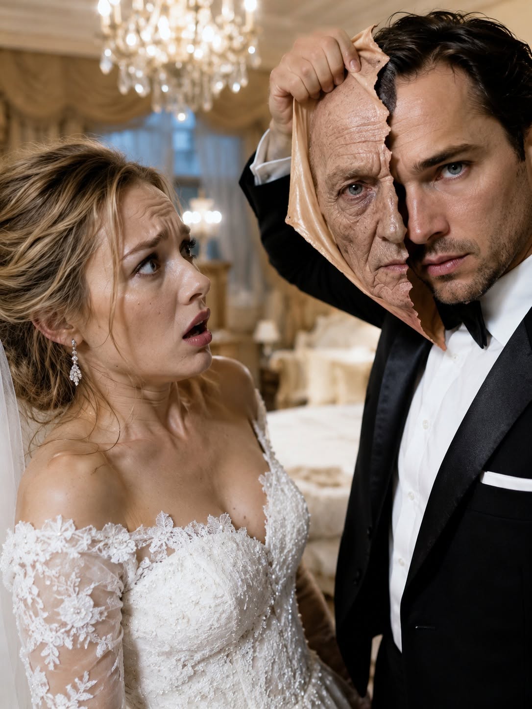 "My family sold me to an eighty-year-old billionaire to erase their debts. I walked into our wedding night expecting my life to be over—until my 'husband' peeled off his wrinkled face like a mask and revealed a man young enough to be my age. Then he smiled and said, 'You're not my victim... your family is.'"