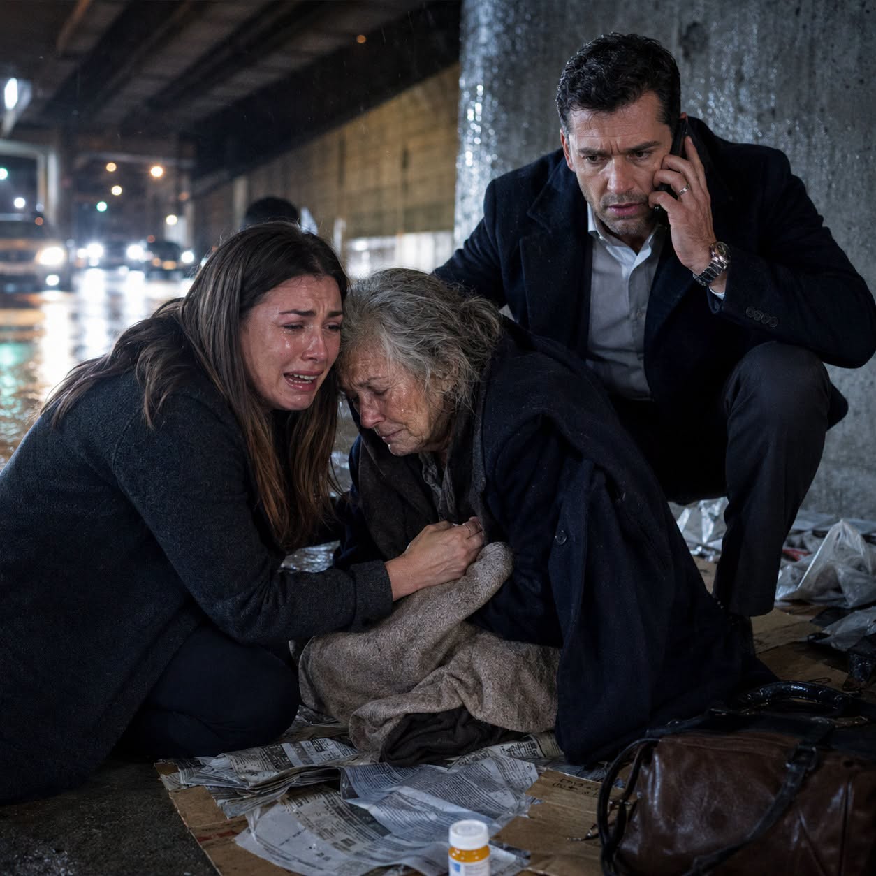 We froze when we found Mom sleeping on newspapers beneath a highway overpass. “What happened to your $450,000 house?” I asked, fighting tears. She lowered her eyes and whispered, “Your brother and his wife sold it while I was in the hospital.” My husband’s face turned cold. He made one phone call to his federal investigator—and by sunrise, their accounts were frozen, the sale was reversed, and police were pounding on their door.