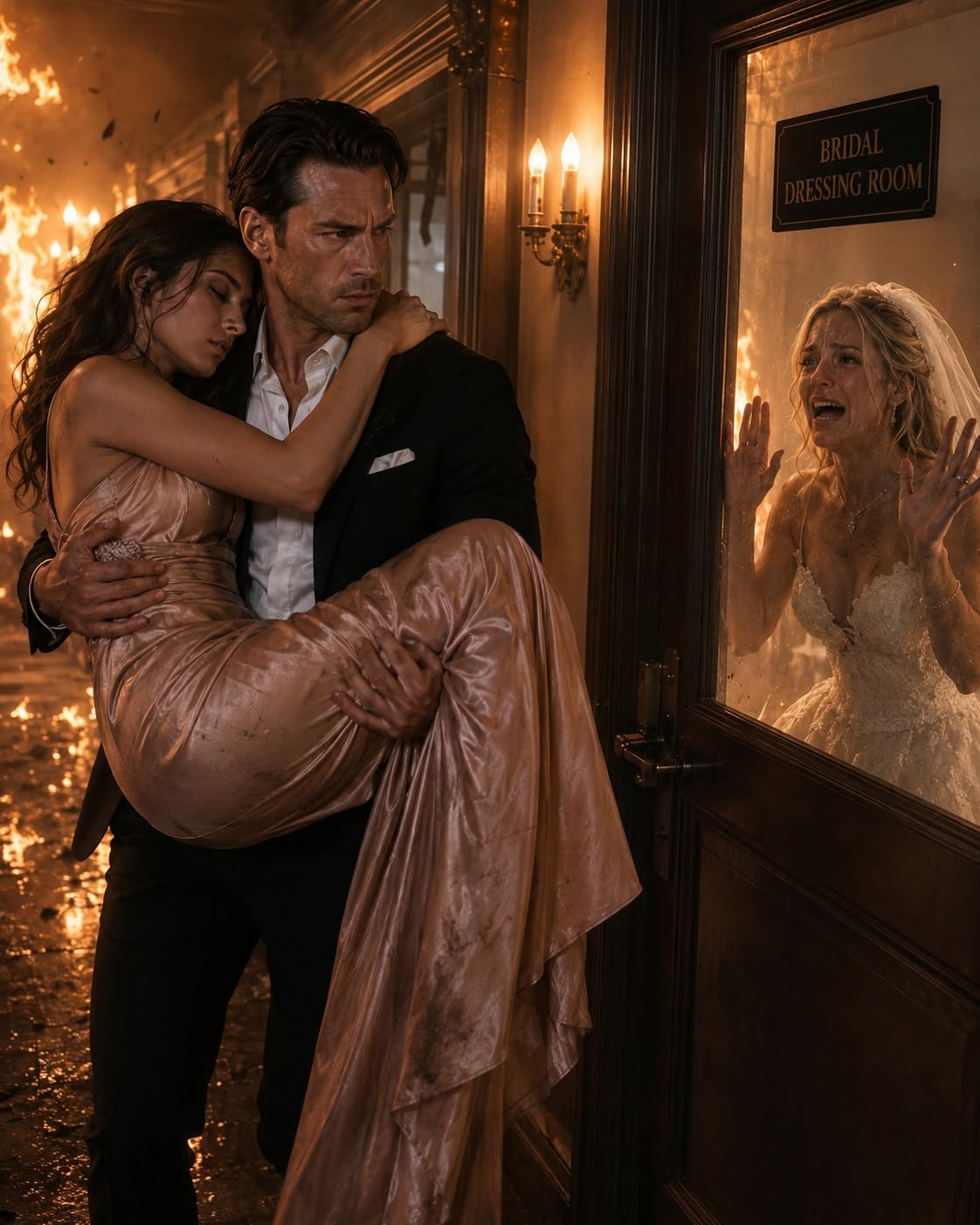 My wedding dress was burning, my fists were bloody from pounding on a locked door, and the man who had promised to protect me carried his mistress out first. Then, three days later, he was handed my death certificate—and I watched him collapse from behind a hospital window.