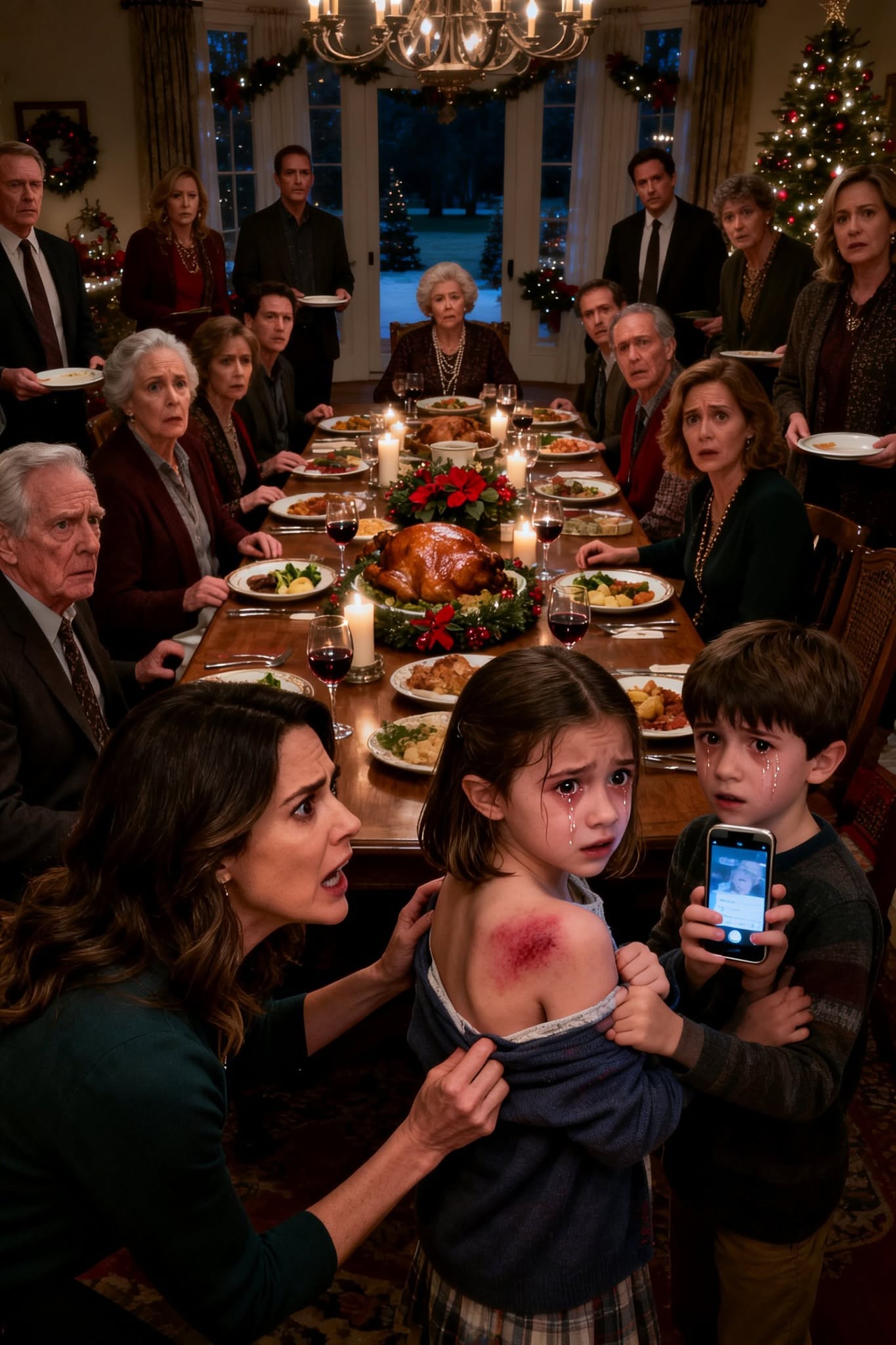 My Mother-in-Law Slapped My 5-Year-Old at Christmas Dinner While 20 Relatives Kept Eating… But My 8-Year-Old Son Pulled Out an Old Phone and Exposed the Bruises She Forced Him to Hide... The sound of Judith Hawthorne’s hand striking my five-year-old daughter’s face cracked through the Christmas dining room like a gunshot.