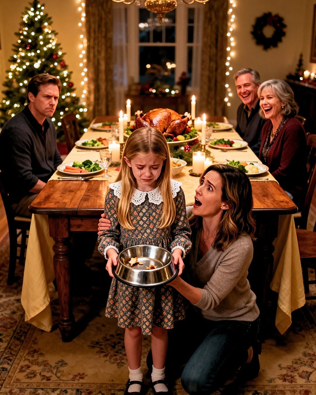 At Thanksgiving dinner, I discovered my 8-year-old daughter didn't have a plate of food. Instead, my brother placed a dog bowl of leftovers on the floor and said, "Today you're the family dog." Everyone laughed. She cried. I didn't argue, I didn't beg them to understand… I just took her away. And 48 hours later, they all received something that made them unable to laugh anymore.