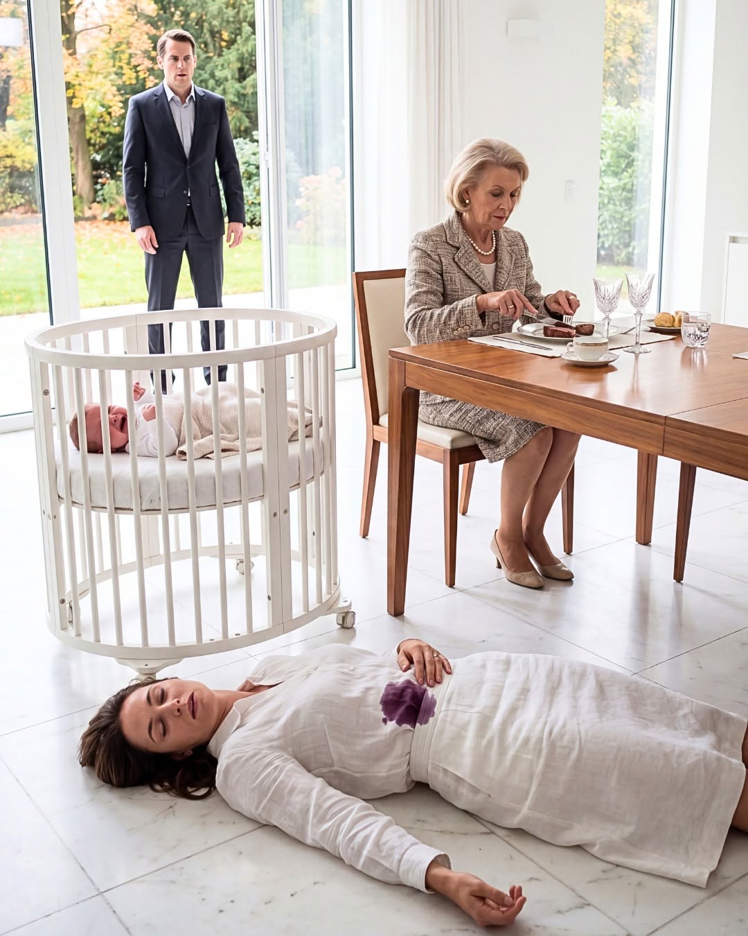 I came home early and found my wife unconscious on the floor, and my newborn son crying uncontrollably, his face turning purple from being neglected. My mother was sitting there eating steak and calling it all just a "performance."