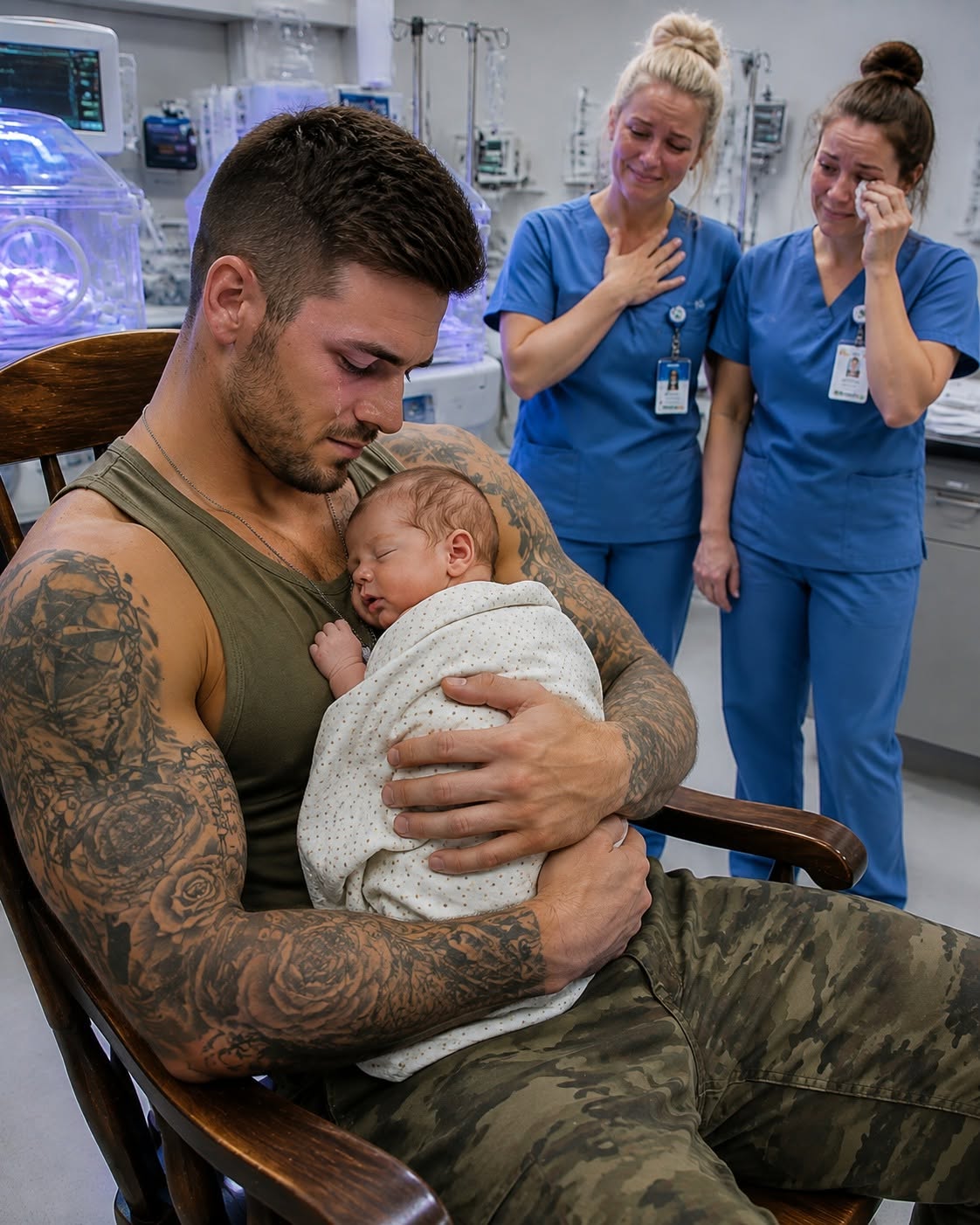 The NICU went completely quiet when a huge tattooed biker walked in and asked to hold the newborn no one had ever come to see. No one expected him to stay. But twelve hours later, he was still sitting in the same chair, gently holding the baby against his chest. Then a nurse noticed something on his wrist. And in that moment, everyone understood the heartbreaking truth he had been hiding.