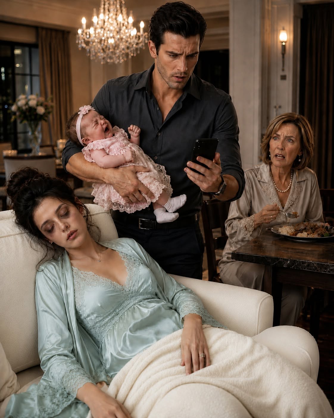 dI came home early and found my wife fainting on the sofa while my mother sat nearby, ignoring the baby’s frantic cries and eating a meal my wife had been forced to cook. My mother looked at her unconscious body and muttered, “Drama queen.” I realized then that the woman who raised me was a monster. What I did next left her shocked...