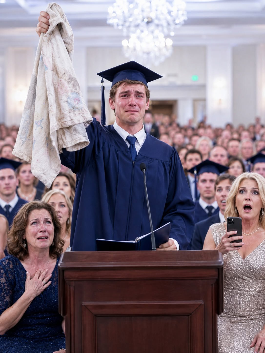 I raised my sister's son for 19 years, but at his graduation she showed up with a cake that read, “I'm his real mom.” 🎓💔 I didn't scream. I simply stayed seated while my son pulled out an old blanket and a hidden letter... and then everyone realized she hadn't come back out of love.