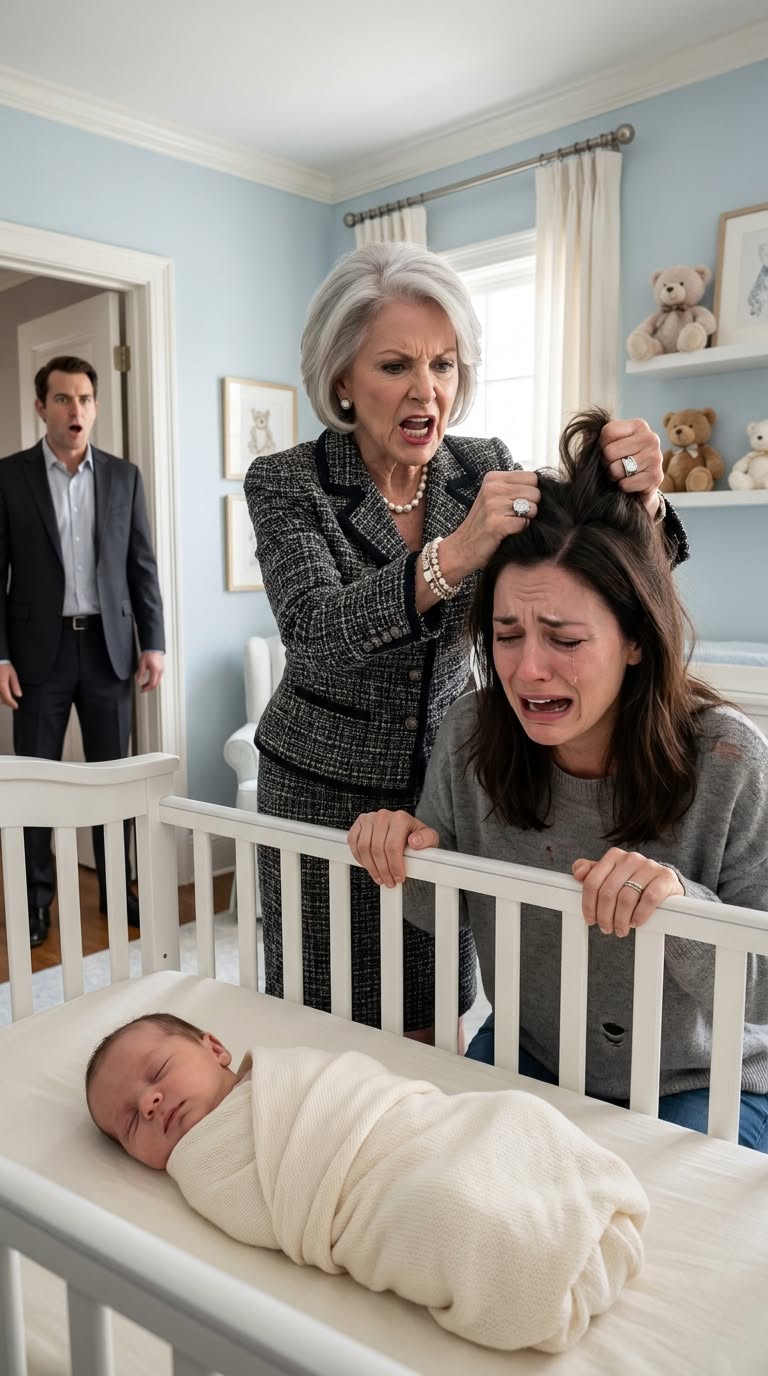 At 2 a.m., trapped at the office, I checked the hidden baby monitor I’d secretly installed to figure out why our newborn cried every time I left home. What I saw made my bl00d go ice cold. On the screen, my mother stormed into the nursery, grabbed my exhausted wife by the hair beside our son’s crib, and hissed, “You live off my son and still dare to complain?”