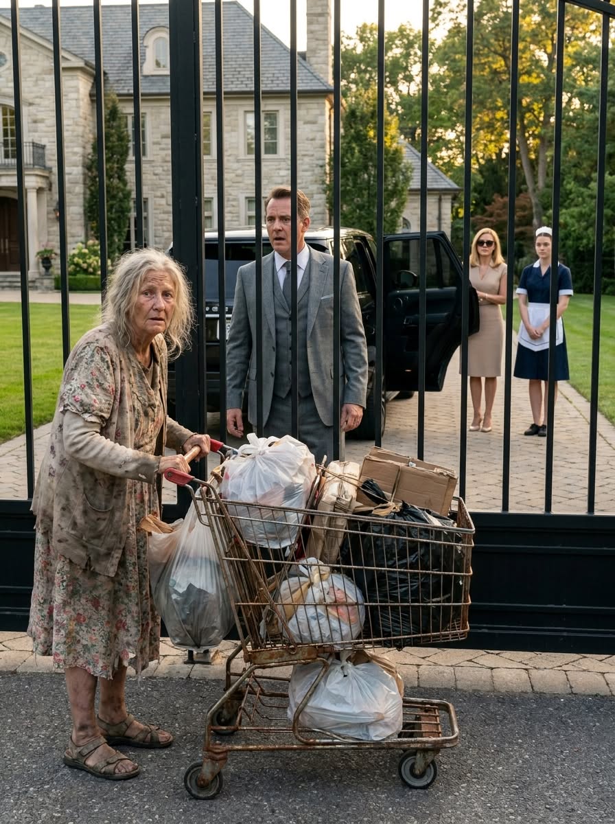 The elderly woman collecting cardboard only stopped outside the mansion to ask for a glass of water… no one expected the owner of the estate to start trembling the instant he recognized her voice.